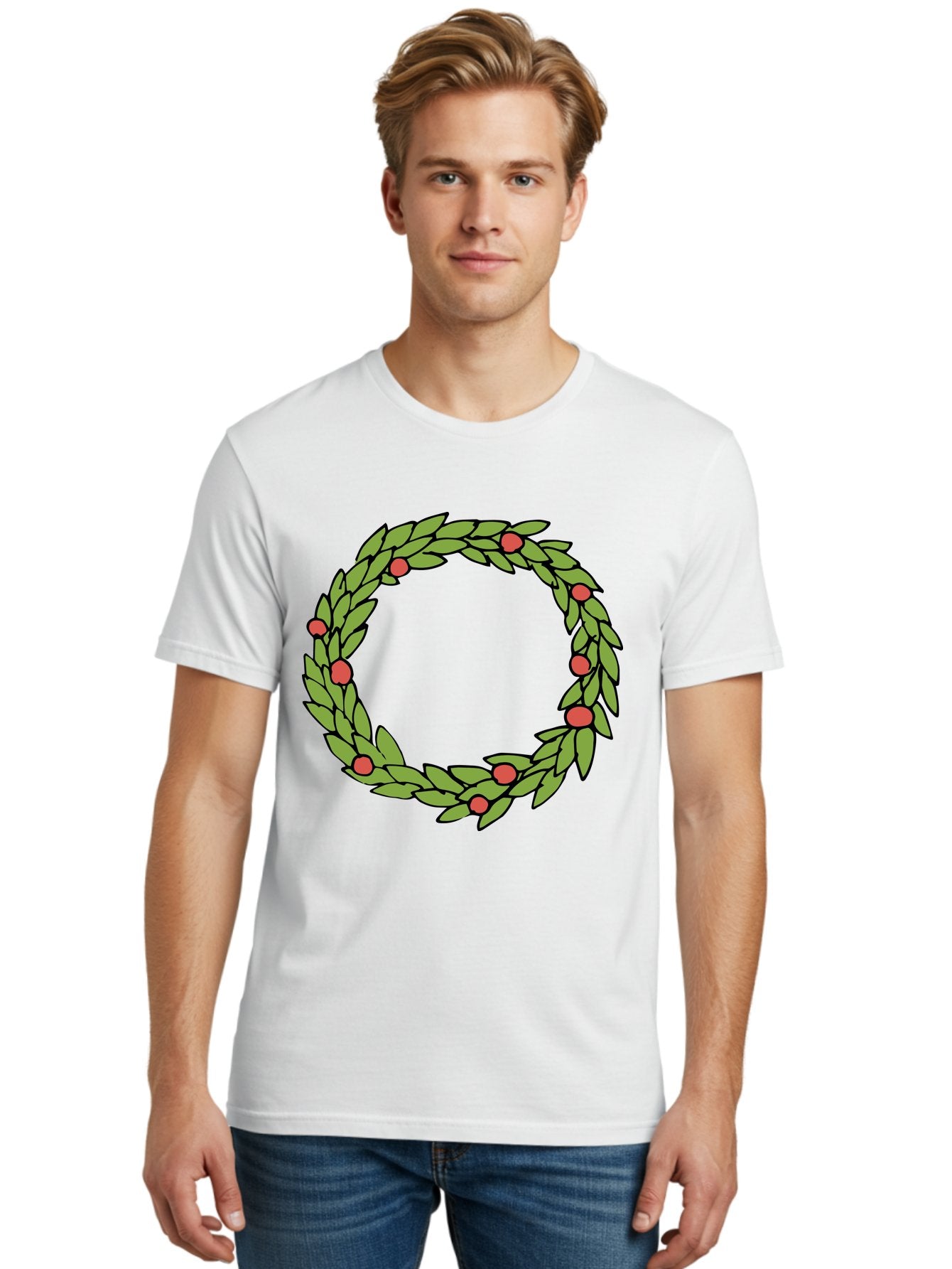 Laurel-Wreath Men'S Graphic Tee, 100% Cotton, Comfortable Casual Summer Wear, Machine Washable, Laurel Wreath, Green Leaves, Red Berries, Circular Design, Symbolic Motif, Traditional Emblem, Vintage Decoration, Classic Iconography, -  Aaa960 21