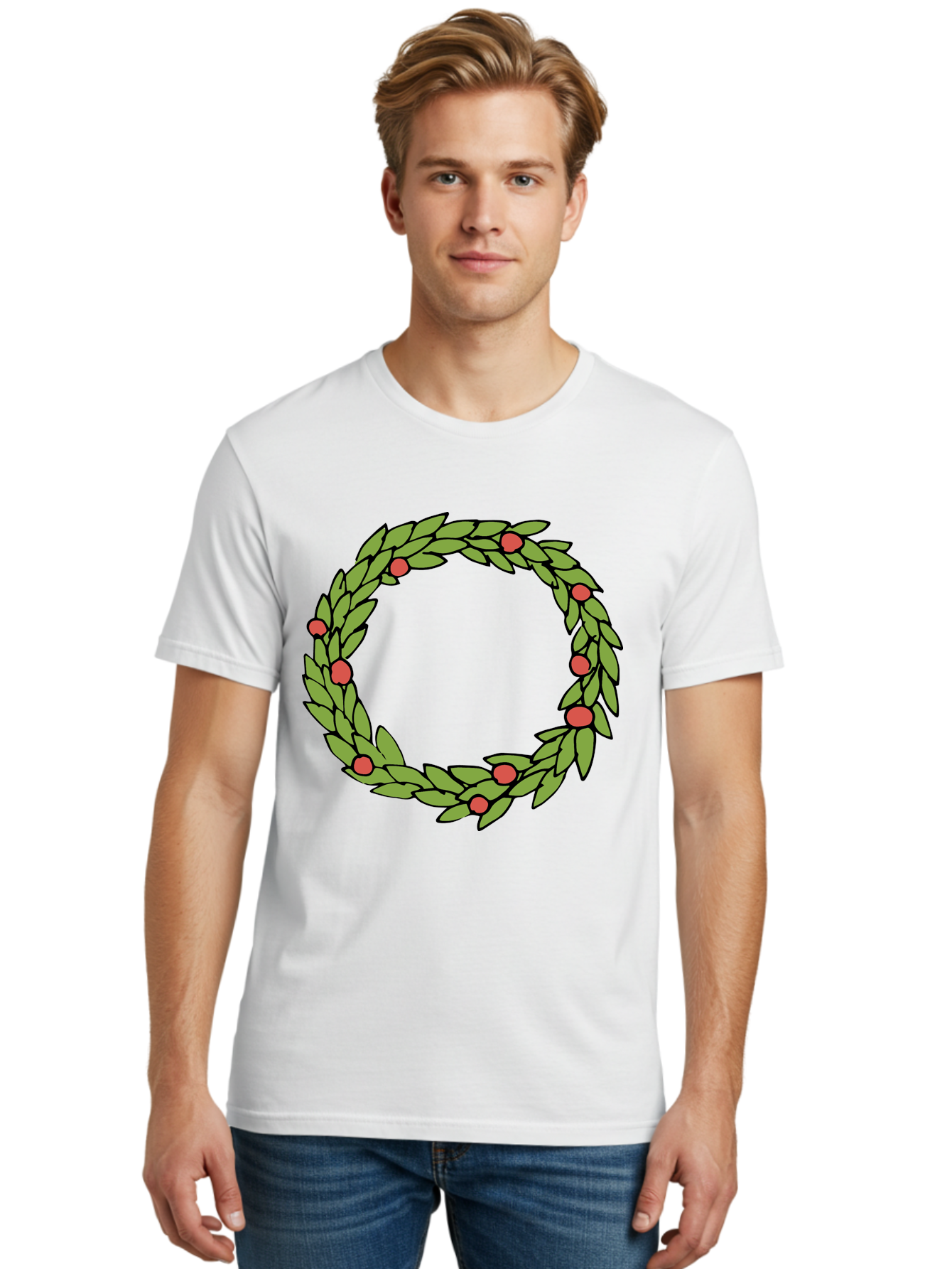 Laurel-Wreath Men'S Graphic Tee, 100% Cotton, Comfortable Casual Summer Wear, Machine Washable, Laurel Wreath, Green Leaves, Red Berries, Circular Design, Symbolic Motif, Traditional Emblem, Vintage Decoration, Classic Iconography, -  Aaa960 22