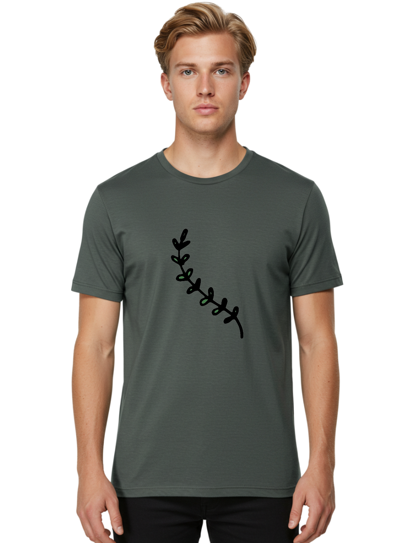 Leafy-Branch Men'S Graphic Tee, 100% Cotton, Comfortable Casual Summer Wear, Machine Washable, Simple Vine, Curved Stem, Black Leaves, Grey Highlights, Digital Art, Minimalist Design, Simple Shapes, Modern Illustration, Stylized Foliage, -  Aaa966 4