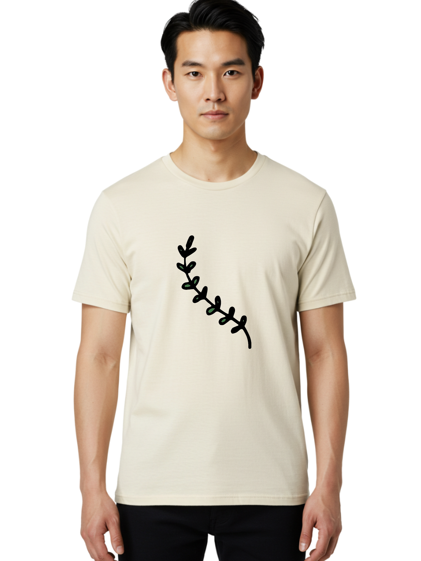 Leafy-Branch Men'S Graphic Tee, 100% Cotton, Comfortable Casual Summer Wear, Machine Washable, Simple Vine, Curved Stem, Black Leaves, Grey Highlights, Digital Art, Minimalist Design, Simple Shapes, Modern Illustration, Stylized Foliage, -  Aaa966 18