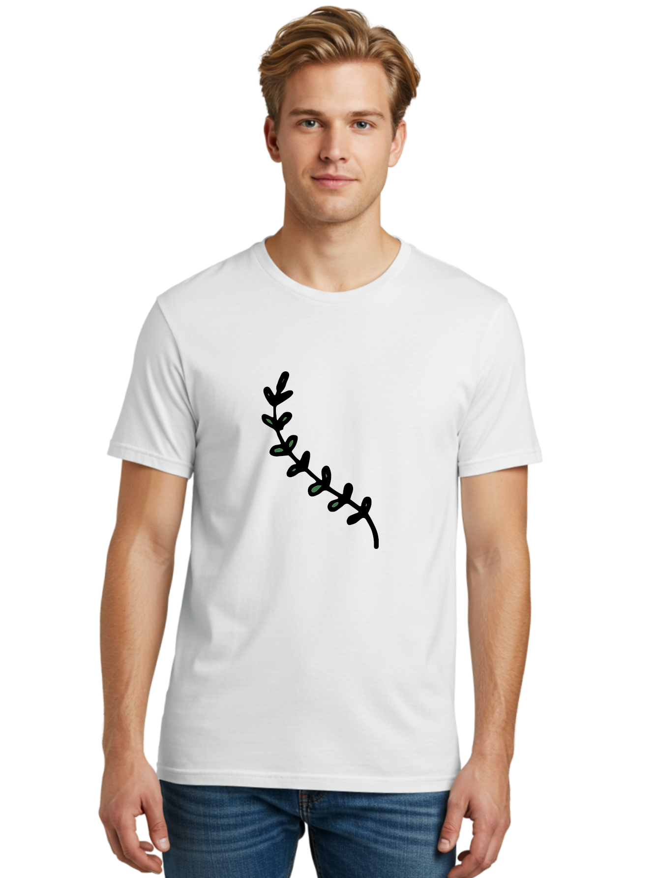 Leafy-Branch Men'S Graphic Tee, 100% Cotton, Comfortable Casual Summer Wear, Machine Washable, Simple Vine, Curved Stem, Black Leaves, Grey Highlights, Digital Art, Minimalist Design, Simple Shapes, Modern Illustration, Stylized Foliage, -  Aaa966 30