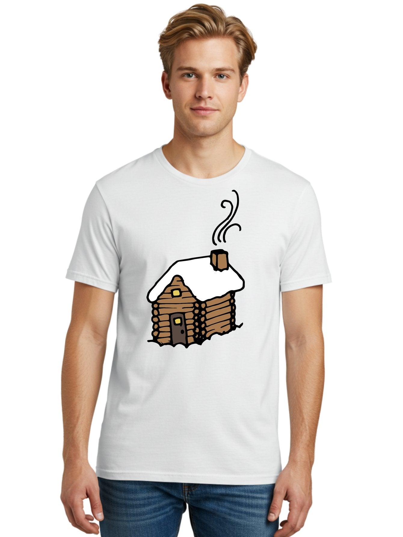 Log-Cabin Men'S Graphic Tee, 100% Cotton, Comfortable Casual Summer Wear, Machine Washable, Cozy Log Cabin, Snow-Covered Roof, Warm Fireplace, Snowy Landscape, Winter Wonderland, Rustic Charm, Cabin In The Woods -  Aaa972 24