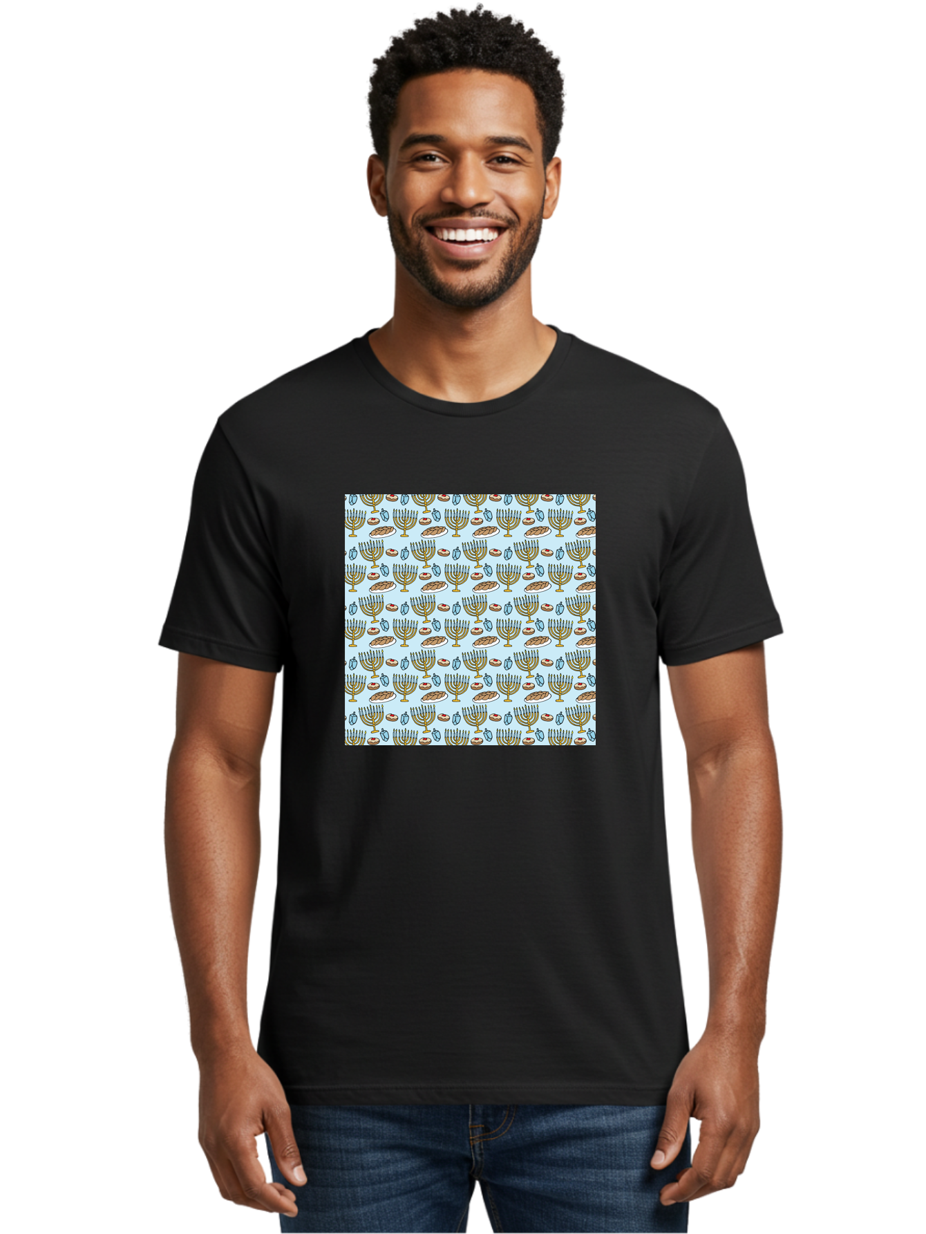 Menorah-Pattern Men'S Graphic Tee, 100% Cotton, Comfortable Casual Summer Wear, Machine Washable, Menorah, Hanukkah Symbols, Jewish Traditions, Festive Decorations, Traditional Jewish Symbols, Menorah Pattern, Hanukkah Decorations -  Aaa976