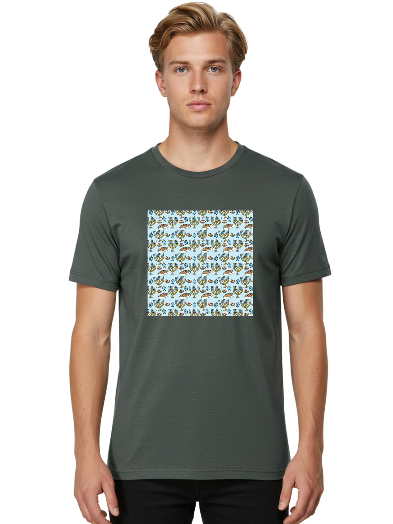 Menorah-Pattern Men'S Graphic Tee, 100% Cotton, Comfortable Casual Summer Wear, Machine Washable, Menorah, Hanukkah Symbols, Jewish Traditions, Festive Decorations, Traditional Jewish Symbols, Menorah Pattern, Hanukkah Decorations -  Aaa976 4