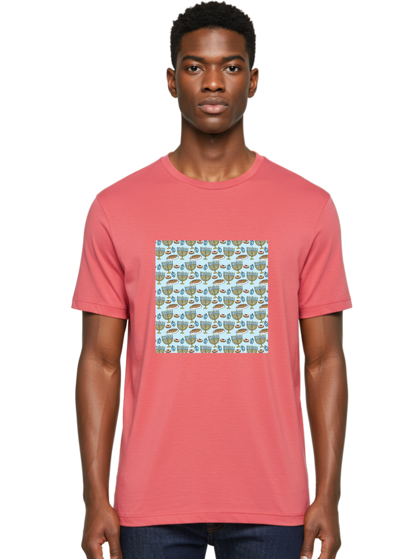Menorah-Pattern Men'S Graphic Tee, 100% Cotton, Comfortable Casual Summer Wear, Machine Washable, Menorah, Hanukkah Symbols, Jewish Traditions, Festive Decorations, Traditional Jewish Symbols, Menorah Pattern, Hanukkah Decorations -  Aaa976 6