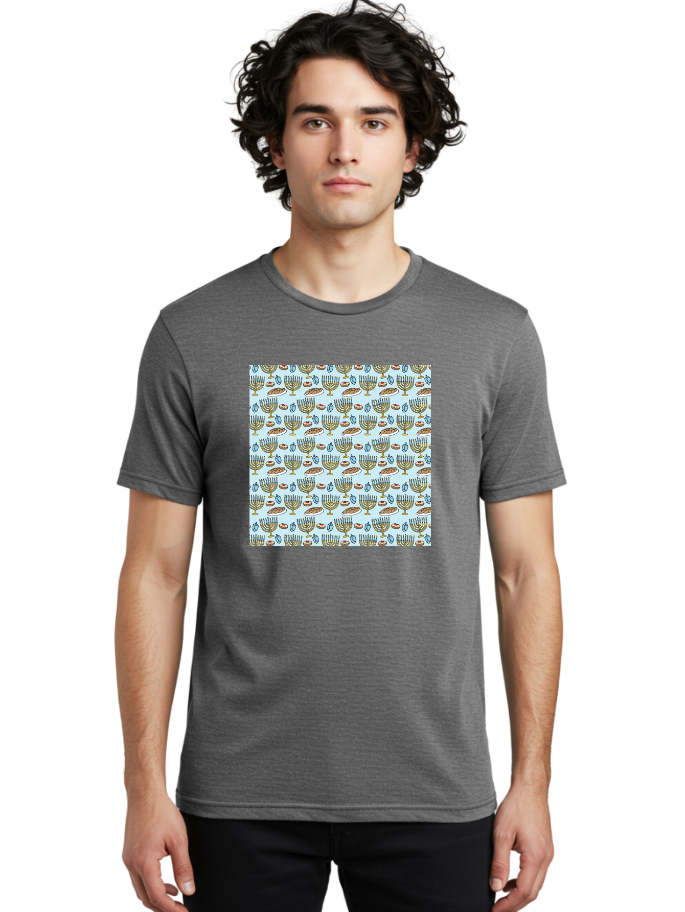 Menorah-Pattern Men'S Graphic Tee, 100% Cotton, Comfortable Casual Summer Wear, Machine Washable, Menorah, Hanukkah Symbols, Jewish Traditions, Festive Decorations, Traditional Jewish Symbols, Menorah Pattern, Hanukkah Decorations -  Aaa976 10