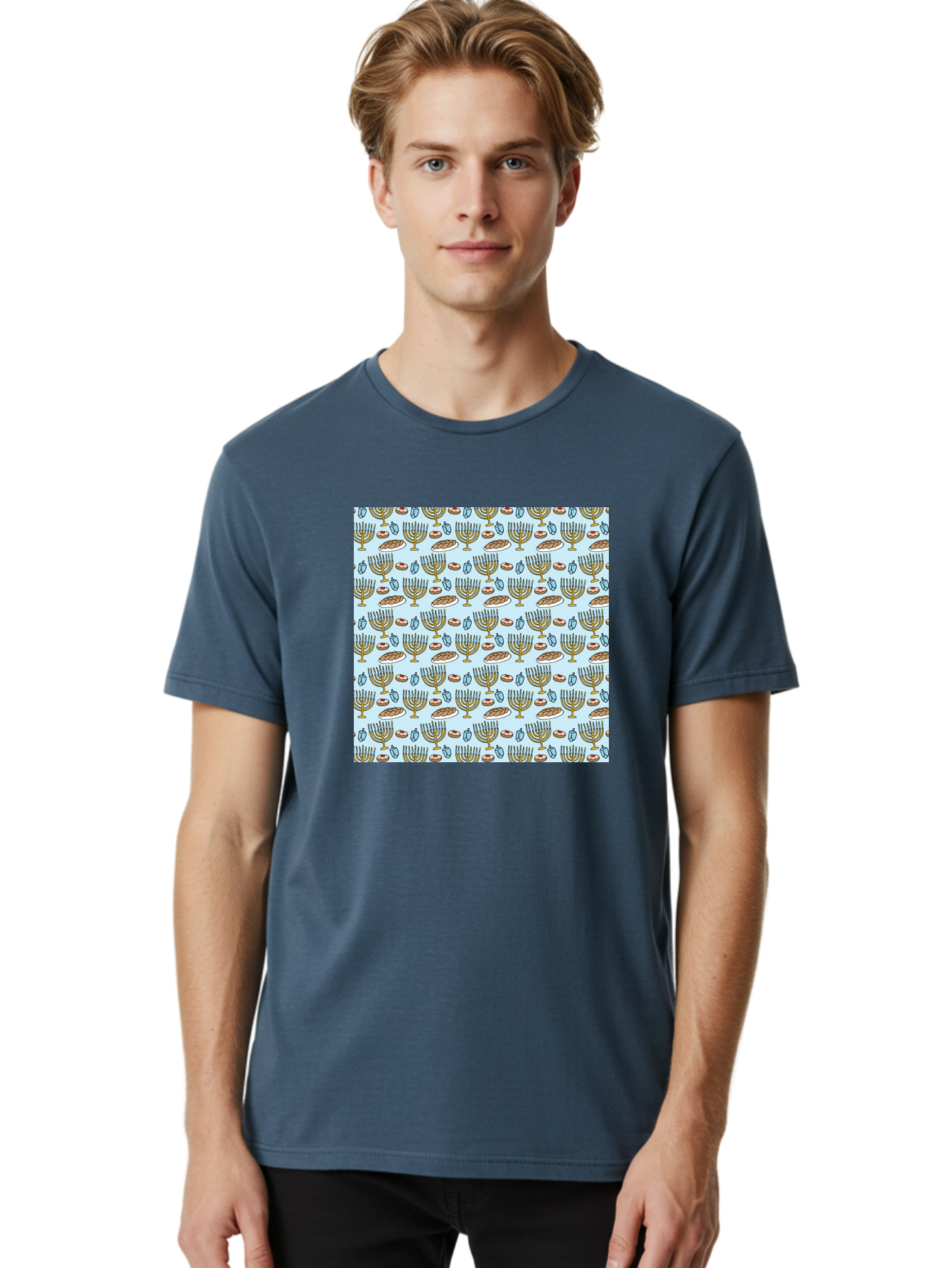 Menorah-Pattern Men'S Graphic Tee, 100% Cotton, Comfortable Casual Summer Wear, Machine Washable, Menorah, Hanukkah Symbols, Jewish Traditions, Festive Decorations, Traditional Jewish Symbols, Menorah Pattern, Hanukkah Decorations -  Aaa976 12
