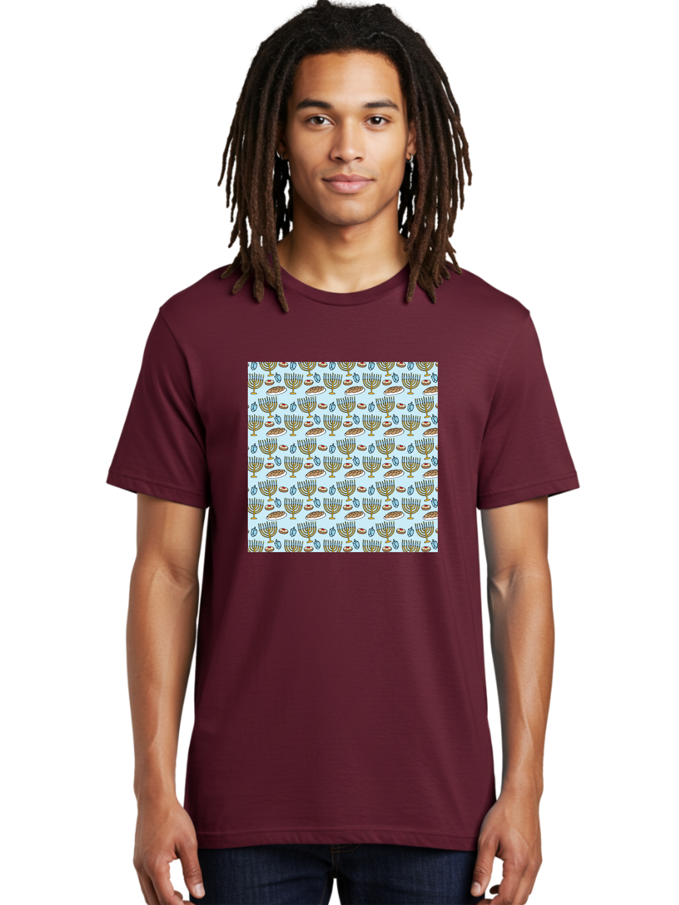 Menorah-Pattern Men'S Graphic Tee, 100% Cotton, Comfortable Casual Summer Wear, Machine Washable, Menorah, Hanukkah Symbols, Jewish Traditions, Festive Decorations, Traditional Jewish Symbols, Menorah Pattern, Hanukkah Decorations -  Aaa976 14