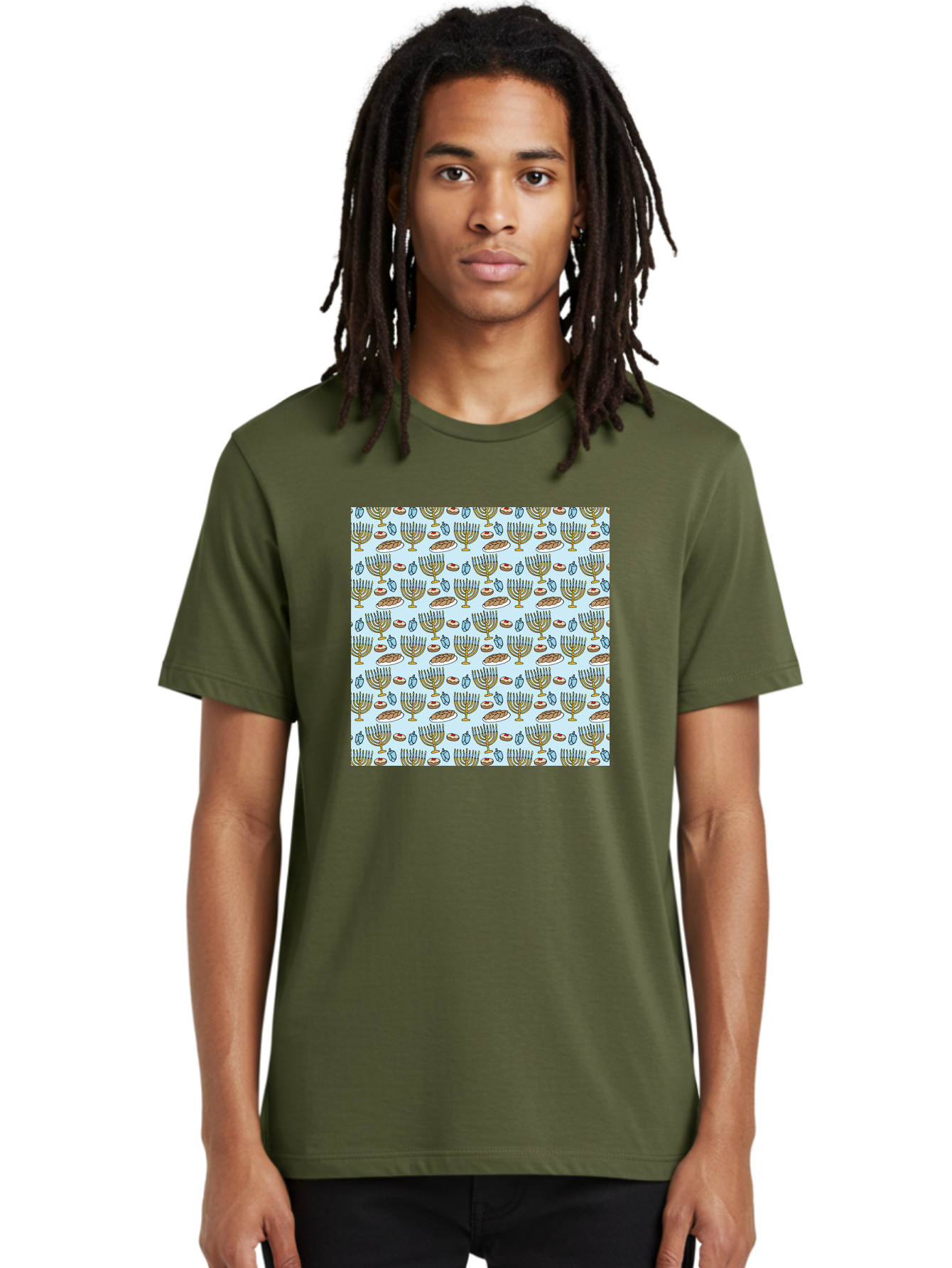 Menorah-Pattern Men'S Graphic Tee, 100% Cotton, Comfortable Casual Summer Wear, Machine Washable, Menorah, Hanukkah Symbols, Jewish Traditions, Festive Decorations, Traditional Jewish Symbols, Menorah Pattern, Hanukkah Decorations -  Aaa976 16