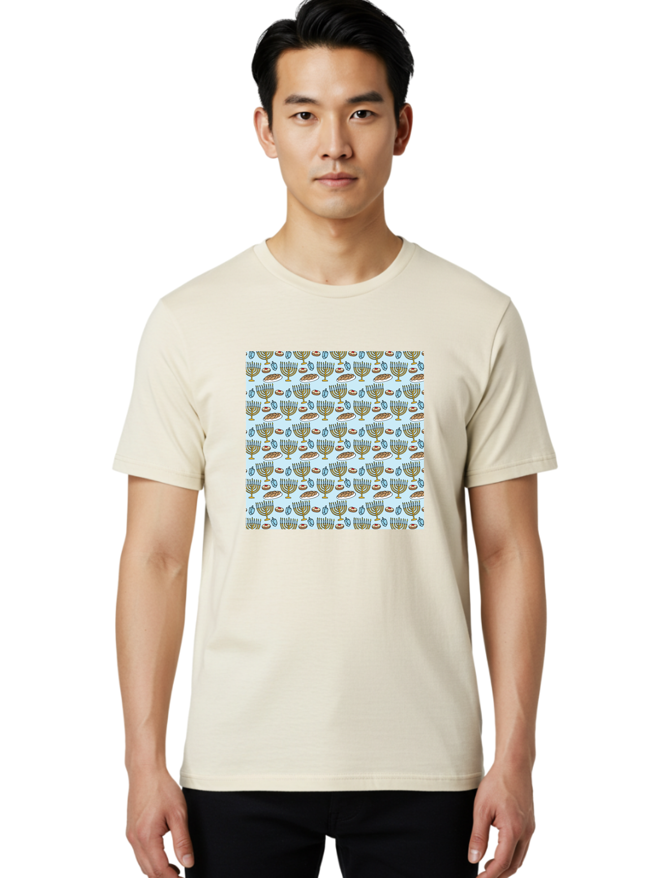 Menorah-Pattern Men'S Graphic Tee, 100% Cotton, Comfortable Casual Summer Wear, Machine Washable, Menorah, Hanukkah Symbols, Jewish Traditions, Festive Decorations, Traditional Jewish Symbols, Menorah Pattern, Hanukkah Decorations -  Aaa976 18