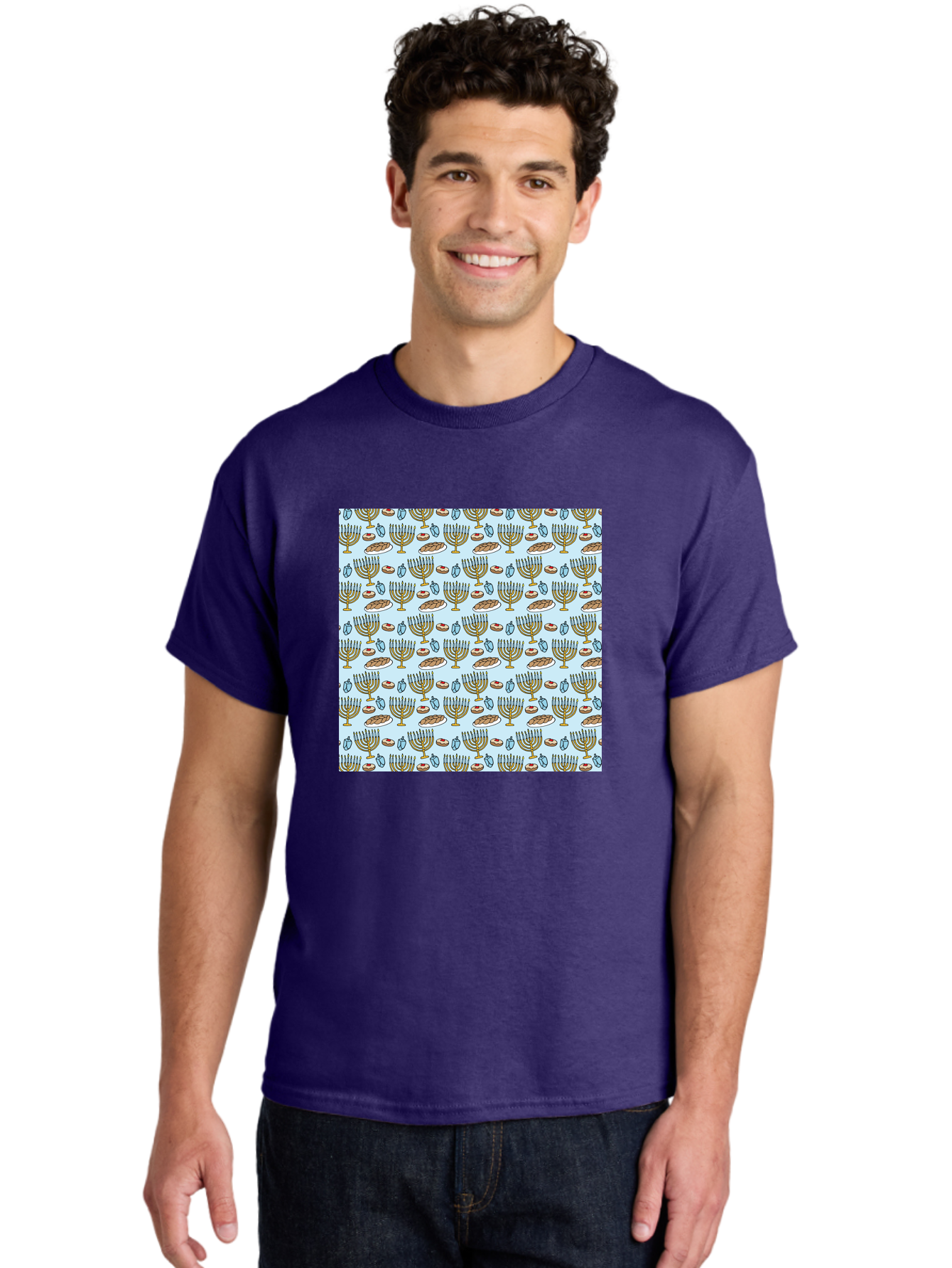 Menorah-Pattern Men'S Graphic Tee, 100% Cotton, Comfortable Casual Summer Wear, Machine Washable, Menorah, Hanukkah Symbols, Jewish Traditions, Festive Decorations, Traditional Jewish Symbols, Menorah Pattern, Hanukkah Decorations -  Aaa976 22