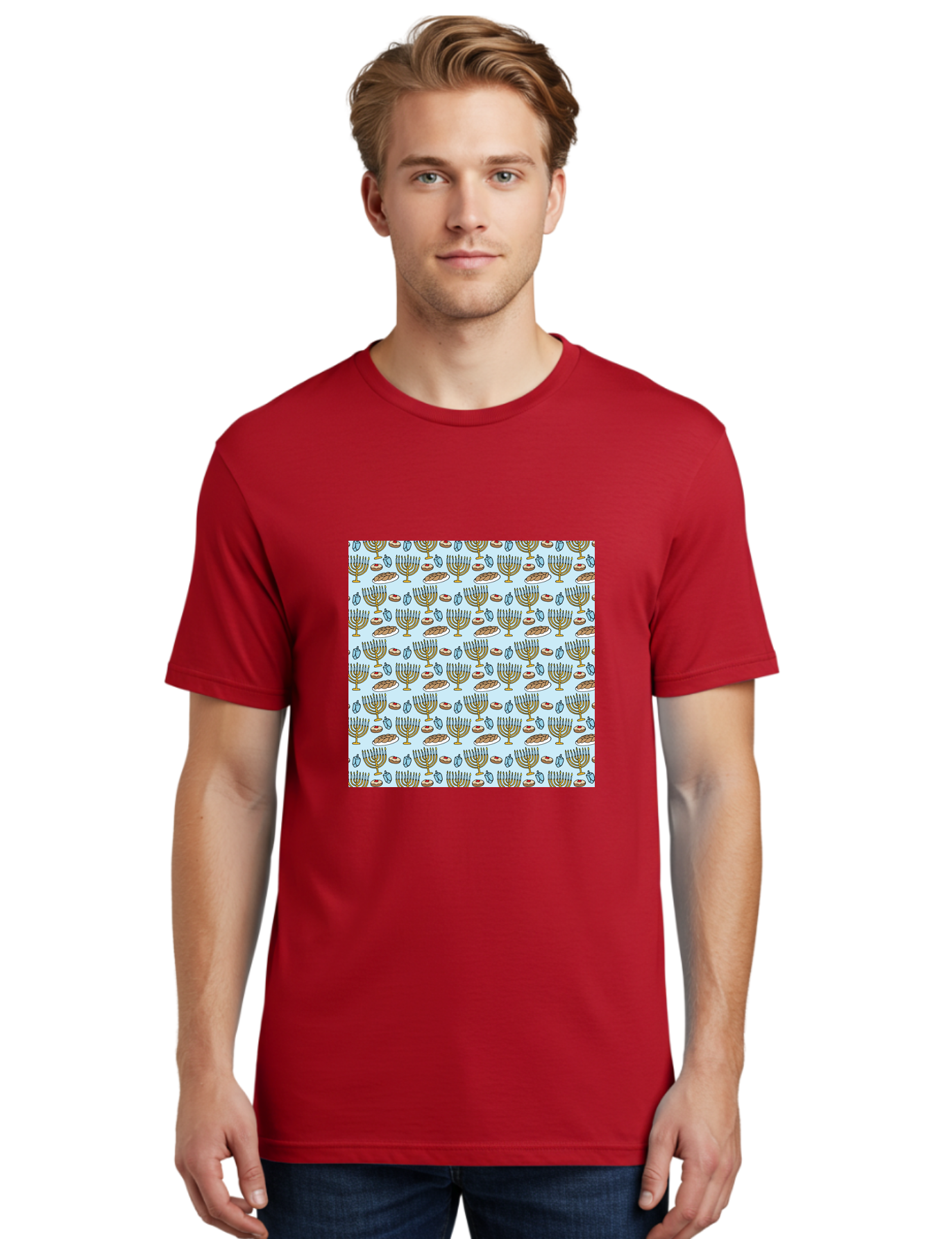 Menorah-Pattern Men'S Graphic Tee, 100% Cotton, Comfortable Casual Summer Wear, Machine Washable, Menorah, Hanukkah Symbols, Jewish Traditions, Festive Decorations, Traditional Jewish Symbols, Menorah Pattern, Hanukkah Decorations -  Aaa976 24