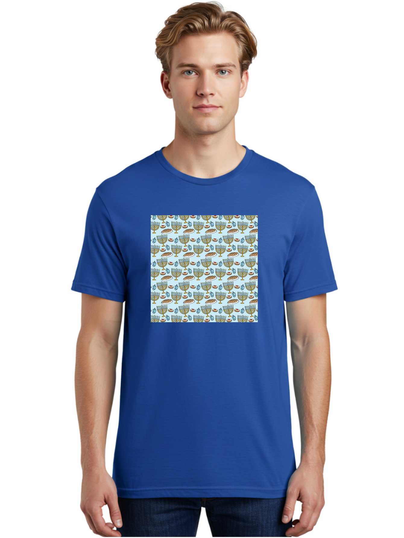 Menorah-Pattern Men'S Graphic Tee, 100% Cotton, Comfortable Casual Summer Wear, Machine Washable, Menorah, Hanukkah Symbols, Jewish Traditions, Festive Decorations, Traditional Jewish Symbols, Menorah Pattern, Hanukkah Decorations -  Aaa976 26