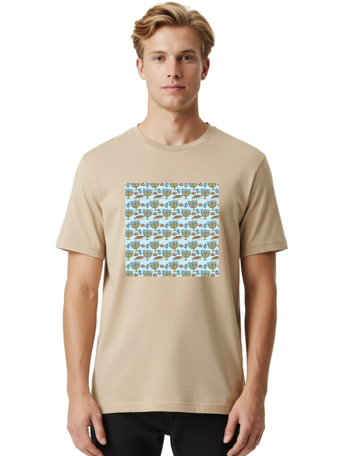 Menorah-Pattern Men'S Graphic Tee, 100% Cotton, Comfortable Casual Summer Wear, Machine Washable, Menorah, Hanukkah Symbols, Jewish Traditions, Festive Decorations, Traditional Jewish Symbols, Menorah Pattern, Hanukkah Decorations -  Aaa976 28