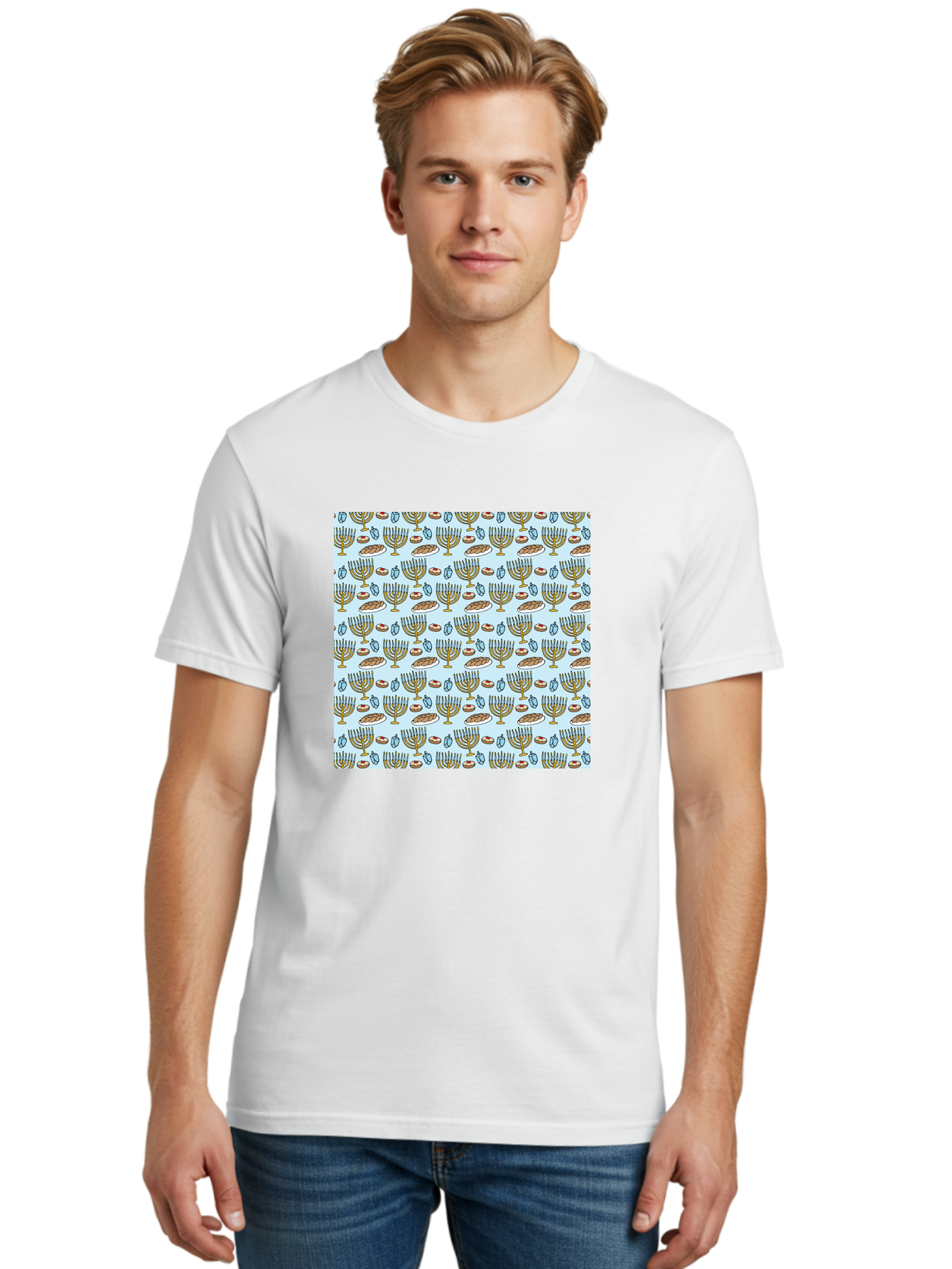 Menorah-Pattern Men'S Graphic Tee, 100% Cotton, Comfortable Casual Summer Wear, Machine Washable, Menorah, Hanukkah Symbols, Jewish Traditions, Festive Decorations, Traditional Jewish Symbols, Menorah Pattern, Hanukkah Decorations -  Aaa976 30