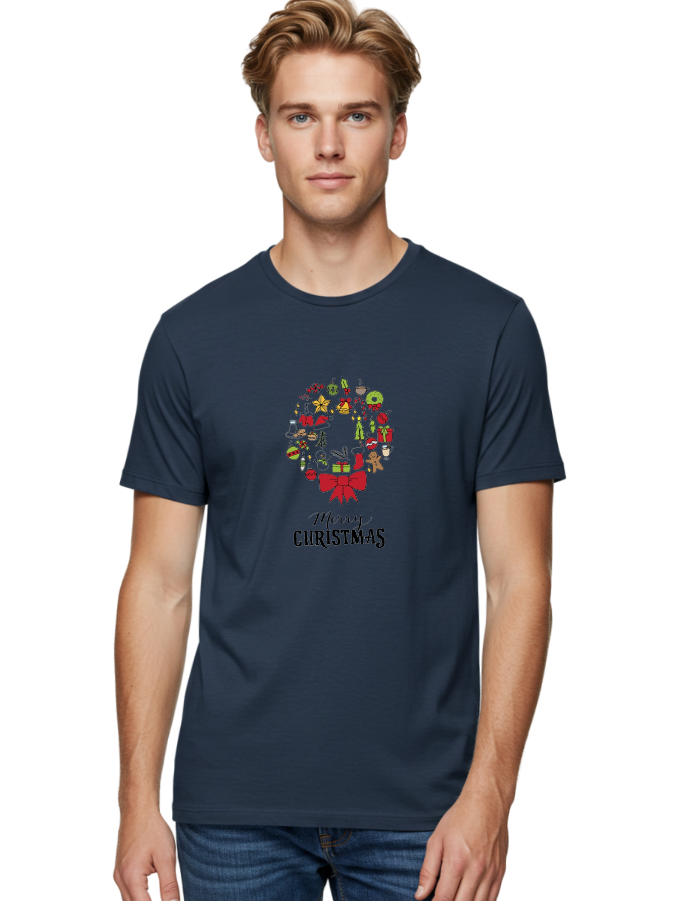 Merry-Christmas-7 Men'S Graphic Tee, 100% Cotton, Comfortable Casual Summer Wear, Machine Washable, Christmas Wreath, Holiday Decorations, Festive Symbols, Red Bow, Christmas Tree, Ornaments, Candy Cane, Gingerbread, Stockings, Gifts, -  Aaa986 30