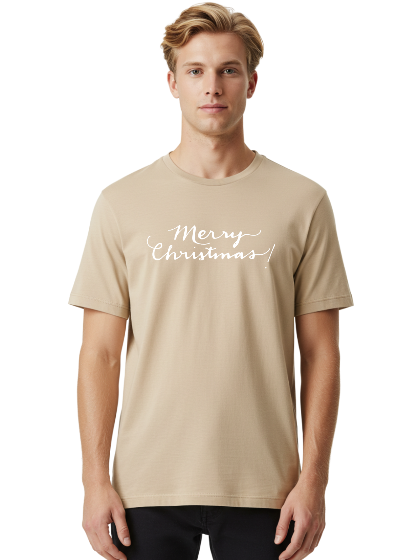 Merry-Christmas-8 Men'S Graphic Tee, 100% Cotton, Comfortable Casual Summer Wear, Machine Washable, Merry Christmas, Holiday Wishes, Festive Greeting, Christmas Message, Joyful Wishes, Holiday Cheer, White Calligraphy -  Aaa987