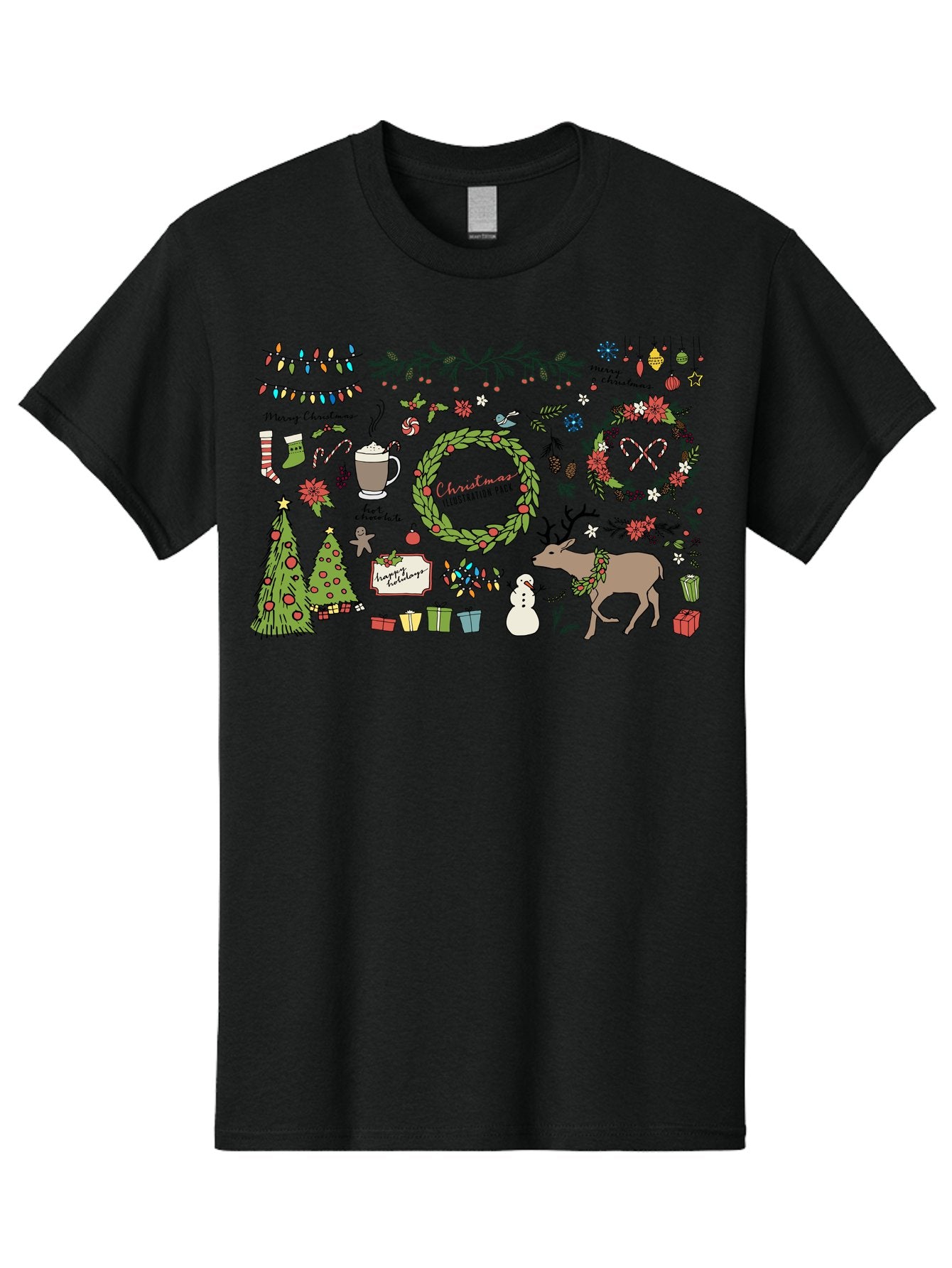 Merry-Christmas-Illustration-Pack Men'S Graphic Tee, 100% Cotton, Comfortable Casual Summer Wear, Machine Washable, Christmas Decoration, Festive Elements, Winter Wonderland, Holiday Illustrations, Christmas Tree, Reindeer, Snowman, -  Aaa989 13