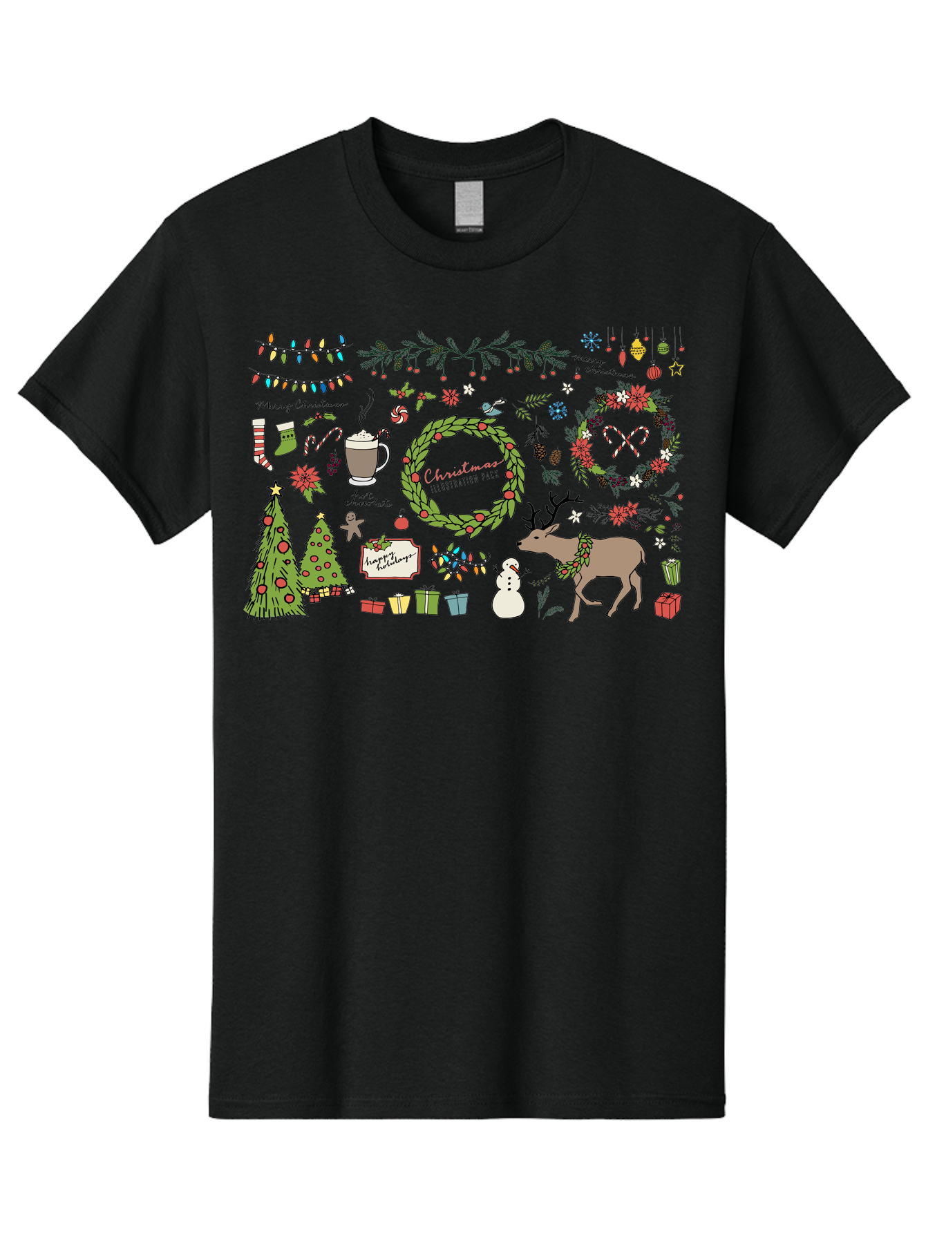 Merry-Christmas-Illustration-Pack Men'S Graphic Tee, 100% Cotton, Comfortable Casual Summer Wear, Machine Washable, Christmas Decoration, Festive Elements, Winter Wonderland, Holiday Illustrations, Christmas Tree, Reindeer, Snowman, -  Aaa989