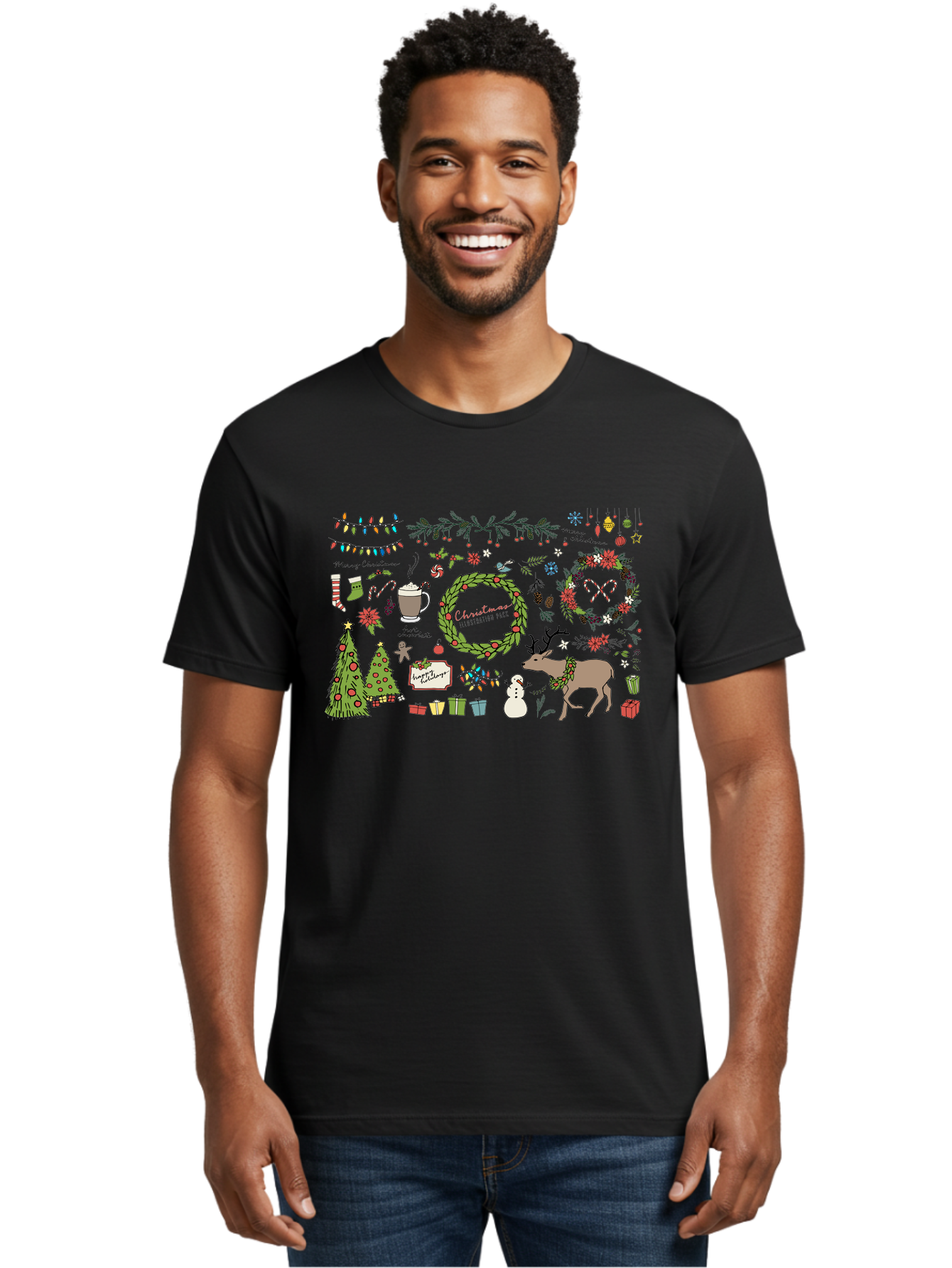 Merry-Christmas-Illustration-Pack Men'S Graphic Tee, 100% Cotton, Comfortable Casual Summer Wear, Machine Washable, Christmas Decoration, Festive Elements, Winter Wonderland, Holiday Illustrations, Christmas Tree, Reindeer, Snowman, -  Aaa989