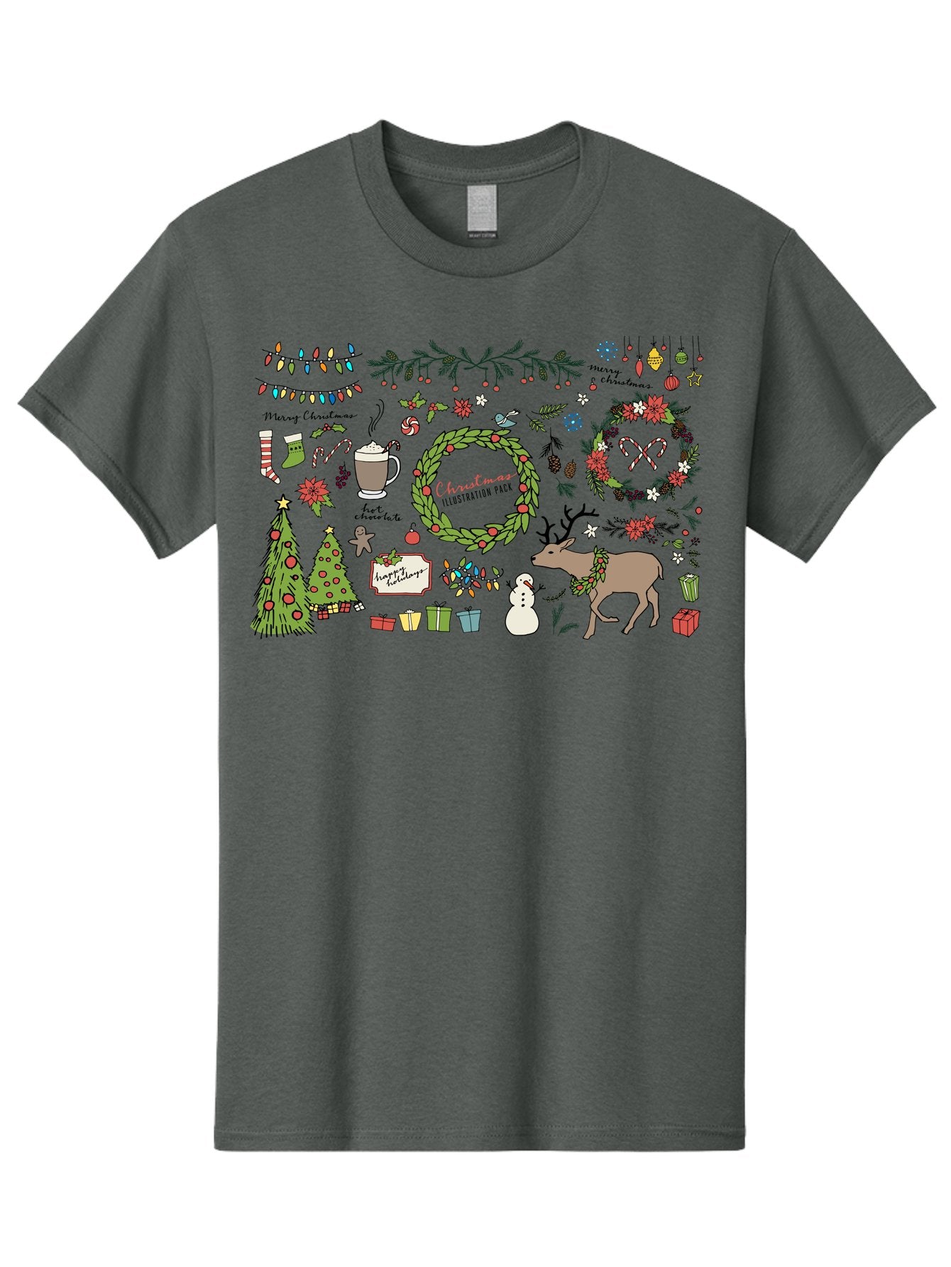 Merry-Christmas-Illustration-Pack Men'S Graphic Tee, 100% Cotton, Comfortable Casual Summer Wear, Machine Washable, Christmas Decoration, Festive Elements, Winter Wonderland, Holiday Illustrations, Christmas Tree, Reindeer, Snowman, -  Aaa989 7