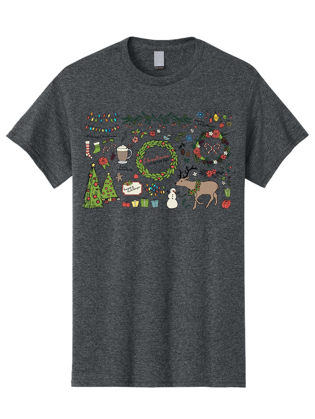Merry-Christmas-Illustration-Pack Men'S Graphic Tee, 100% Cotton, Comfortable Casual Summer Wear, Machine Washable, Christmas Decoration, Festive Elements, Winter Wonderland, Holiday Illustrations, Christmas Tree, Reindeer, Snowman, -  Aaa989 4