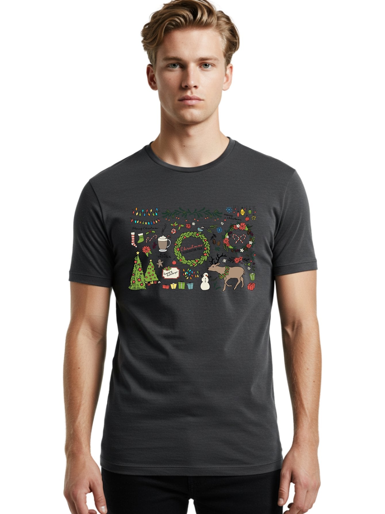 Merry-Christmas-Illustration-Pack Men'S Graphic Tee, 100% Cotton, Comfortable Casual Summer Wear, Machine Washable, Christmas Decoration, Festive Elements, Winter Wonderland, Holiday Illustrations, Christmas Tree, Reindeer, Snowman, -  Aaa989 18