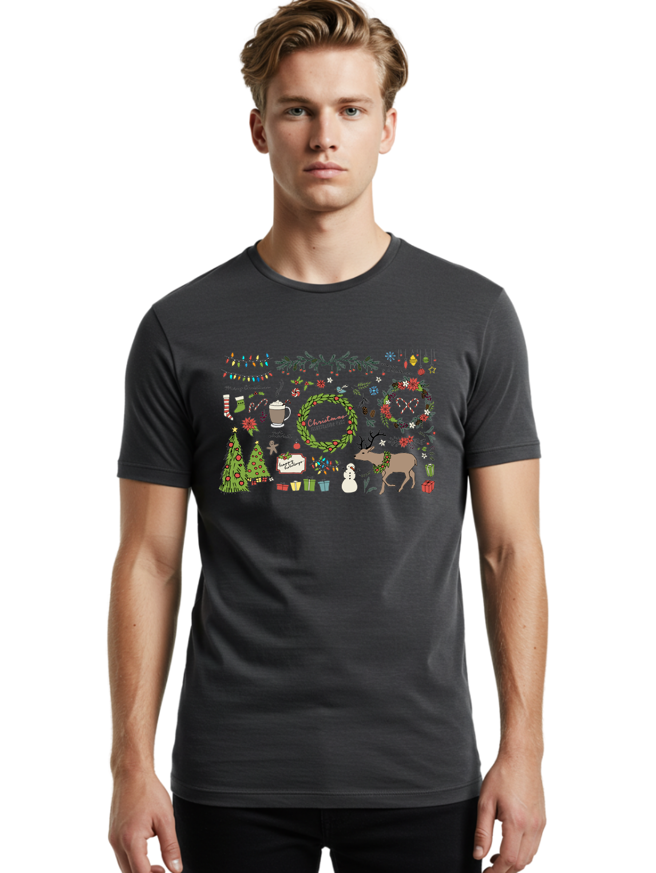 Merry-Christmas-Illustration-Pack Men'S Graphic Tee, 100% Cotton, Comfortable Casual Summer Wear, Machine Washable, Christmas Decoration, Festive Elements, Winter Wonderland, Holiday Illustrations, Christmas Tree, Reindeer, Snowman, -  Aaa989 14