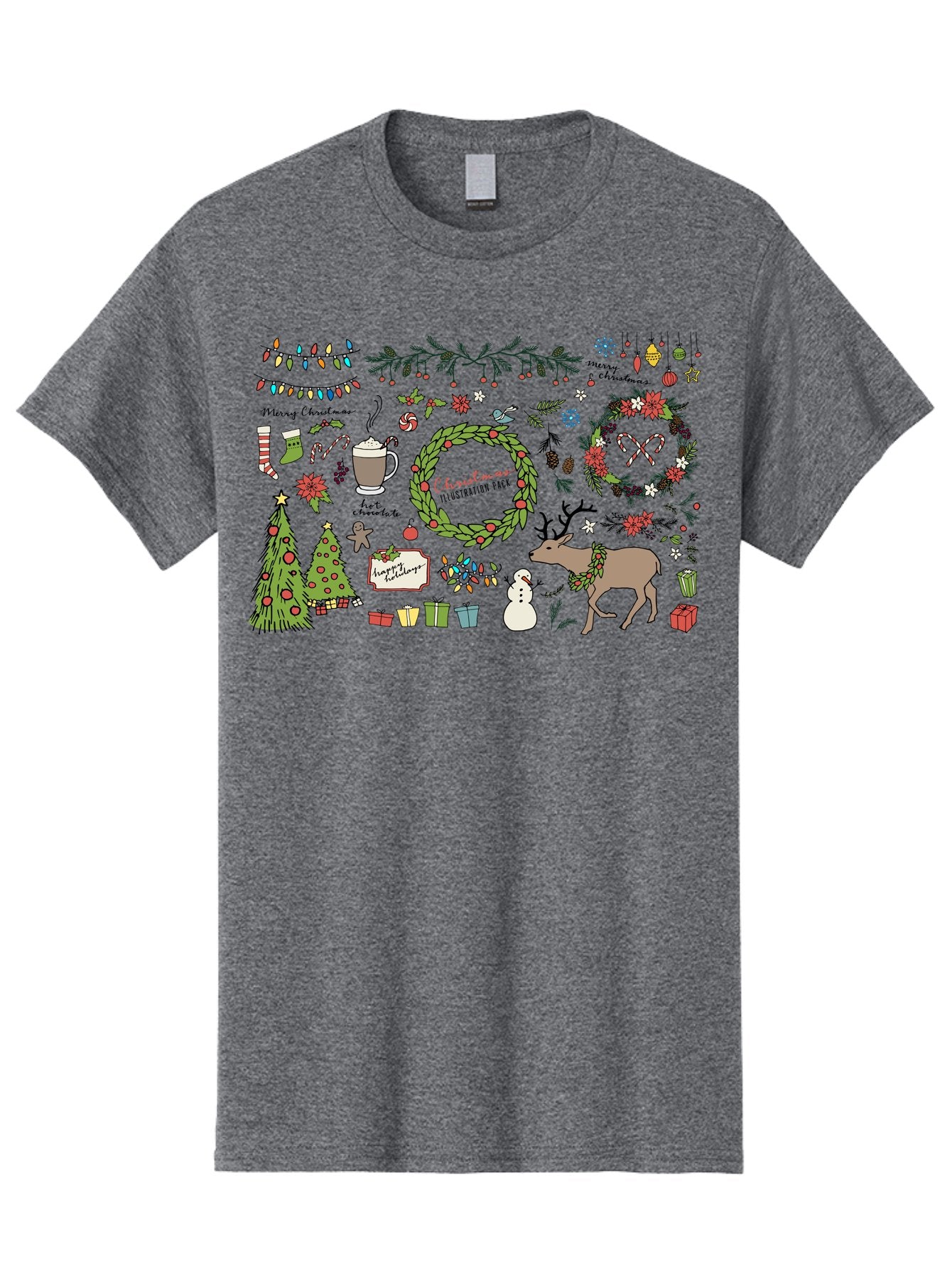 Merry-Christmas-Illustration-Pack Men'S Graphic Tee, 100% Cotton, Comfortable Casual Summer Wear, Machine Washable, Christmas Decoration, Festive Elements, Winter Wonderland, Holiday Illustrations, Christmas Tree, Reindeer, Snowman, -  Aaa989 3