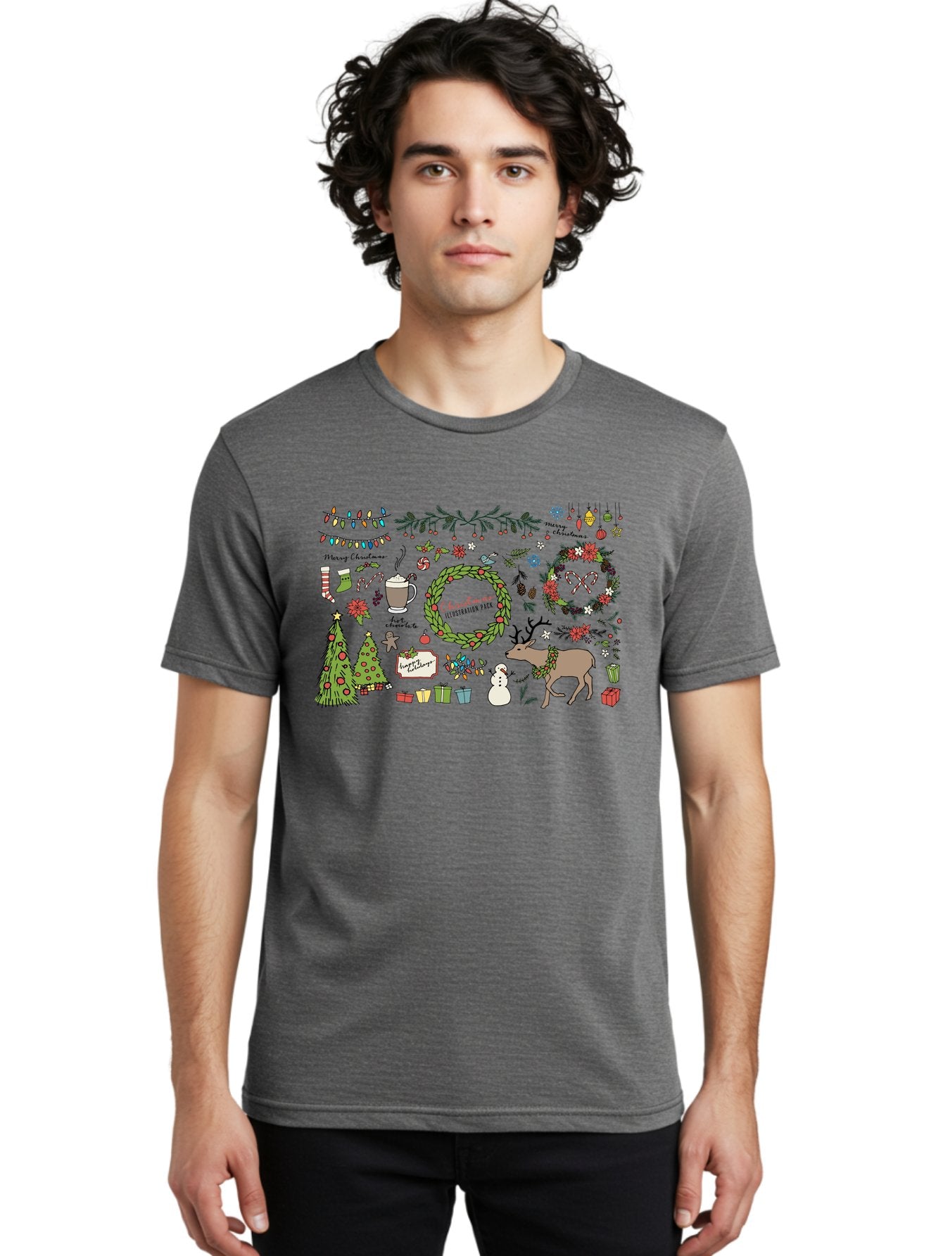 Merry-Christmas-Illustration-Pack Men'S Graphic Tee, 100% Cotton, Comfortable Casual Summer Wear, Machine Washable, Christmas Decoration, Festive Elements, Winter Wonderland, Holiday Illustrations, Christmas Tree, Reindeer, Snowman, -  Aaa989 22