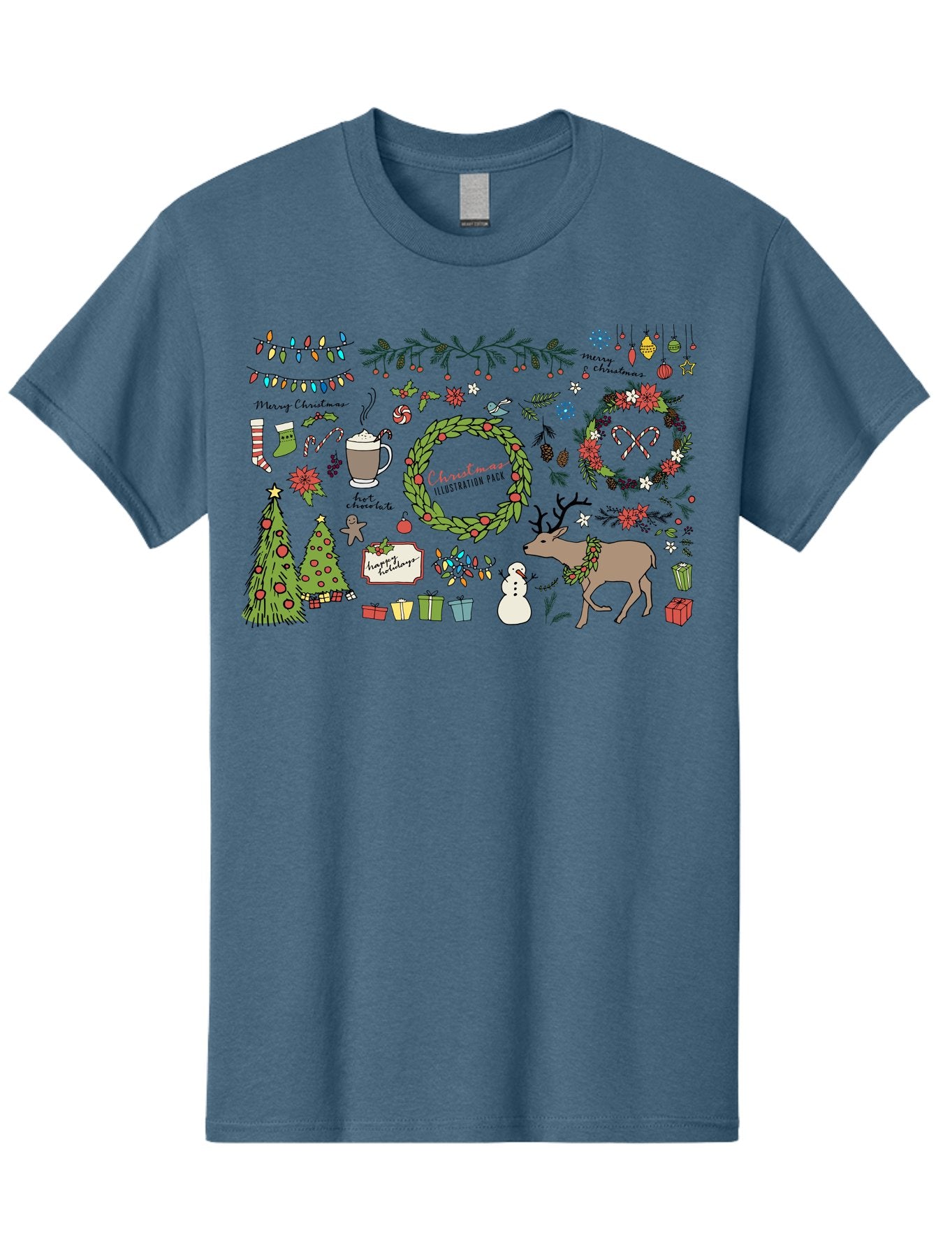 Merry-Christmas-Illustration-Pack Men'S Graphic Tee, 100% Cotton, Comfortable Casual Summer Wear, Machine Washable, Christmas Decoration, Festive Elements, Winter Wonderland, Holiday Illustrations, Christmas Tree, Reindeer, Snowman, -  Aaa989 8
