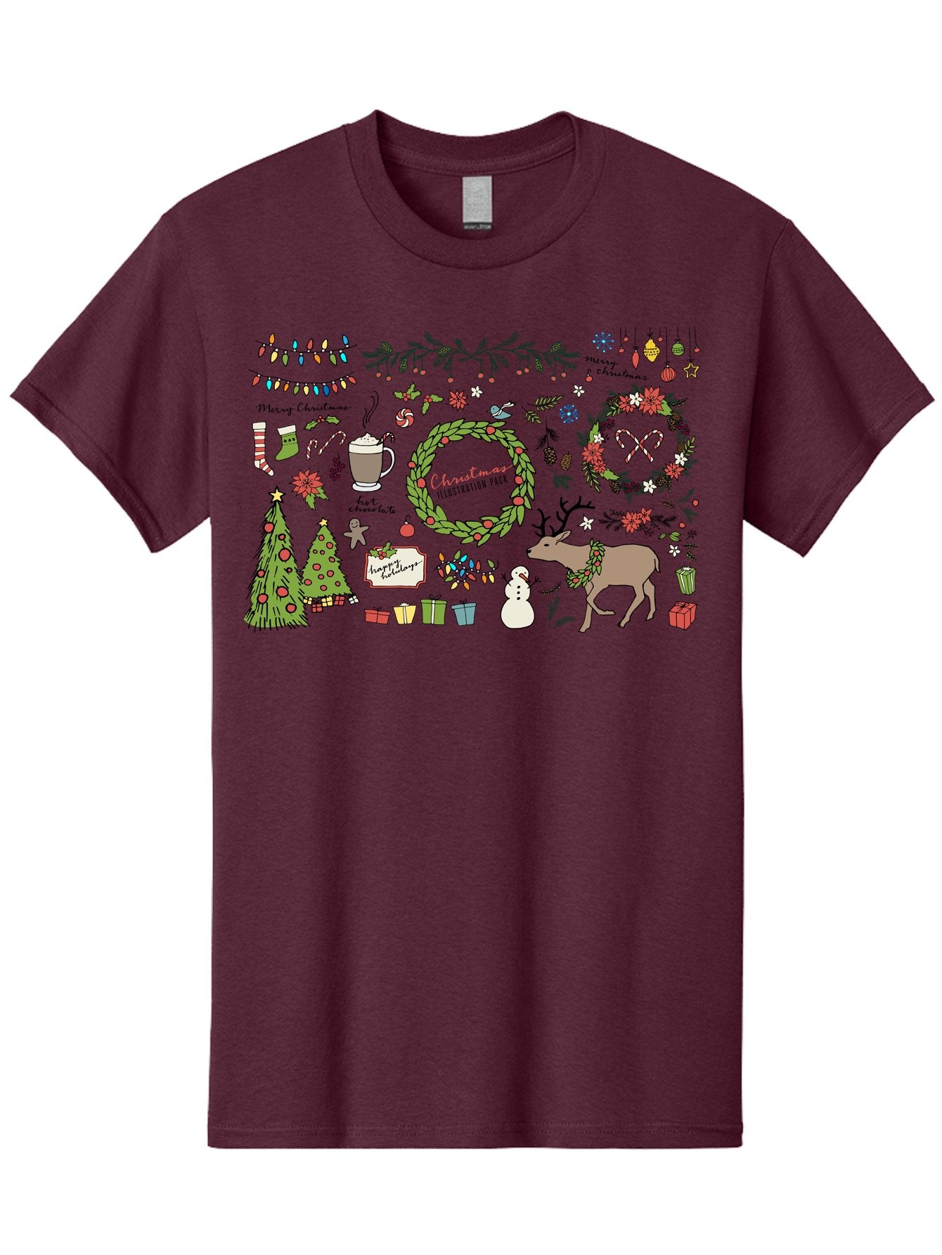 Merry-Christmas-Illustration-Pack Men'S Graphic Tee, 100% Cotton, Comfortable Casual Summer Wear, Machine Washable, Christmas Decoration, Festive Elements, Winter Wonderland, Holiday Illustrations, Christmas Tree, Reindeer, Snowman, -  Aaa989 15