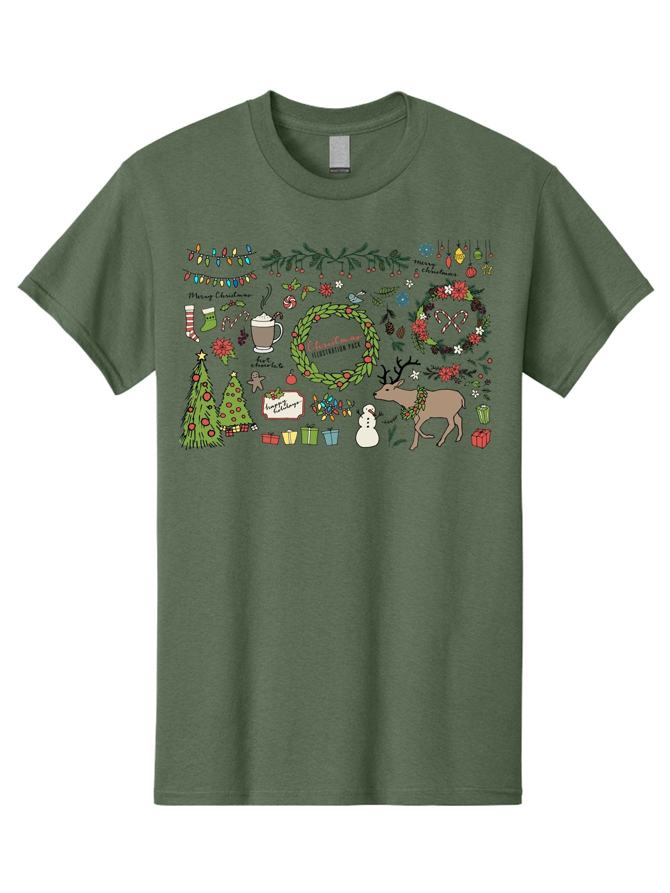Merry-Christmas-Illustration-Pack Men'S Graphic Tee, 100% Cotton, Comfortable Casual Summer Wear, Machine Washable, Christmas Decoration, Festive Elements, Winter Wonderland, Holiday Illustrations, Christmas Tree, Reindeer, Snowman, -  Aaa989 9