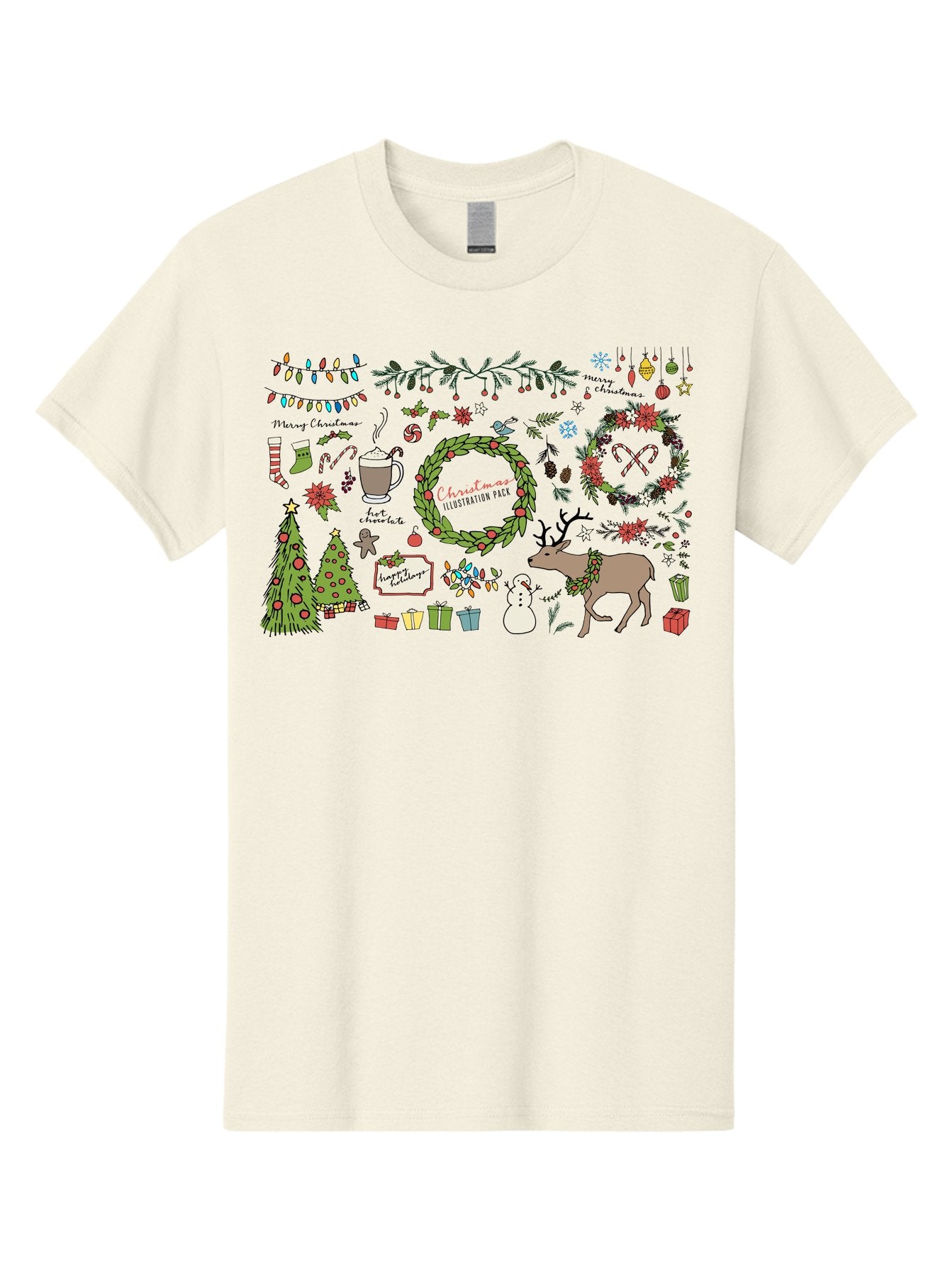 Merry-Christmas-Illustration-Pack Men'S Graphic Tee, 100% Cotton, Comfortable Casual Summer Wear, Machine Washable, Christmas Decoration, Festive Elements, Winter Wonderland, Holiday Illustrations, Christmas Tree, Reindeer, Snowman, -  Aaa989 11