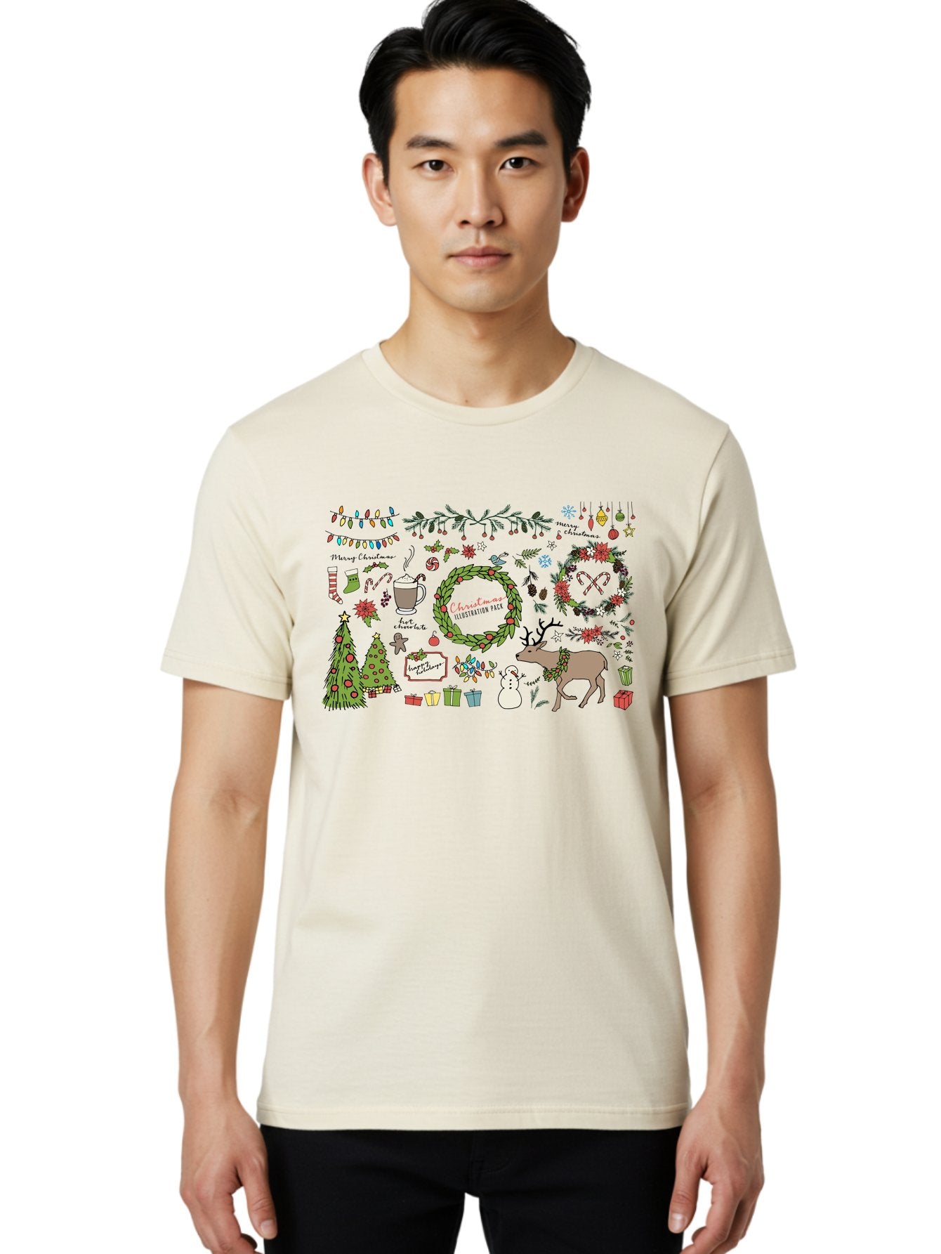 Merry-Christmas-Illustration-Pack Men'S Graphic Tee, 100% Cotton, Comfortable Casual Summer Wear, Machine Washable, Christmas Decoration, Festive Elements, Winter Wonderland, Holiday Illustrations, Christmas Tree, Reindeer, Snowman, -  Aaa989 27