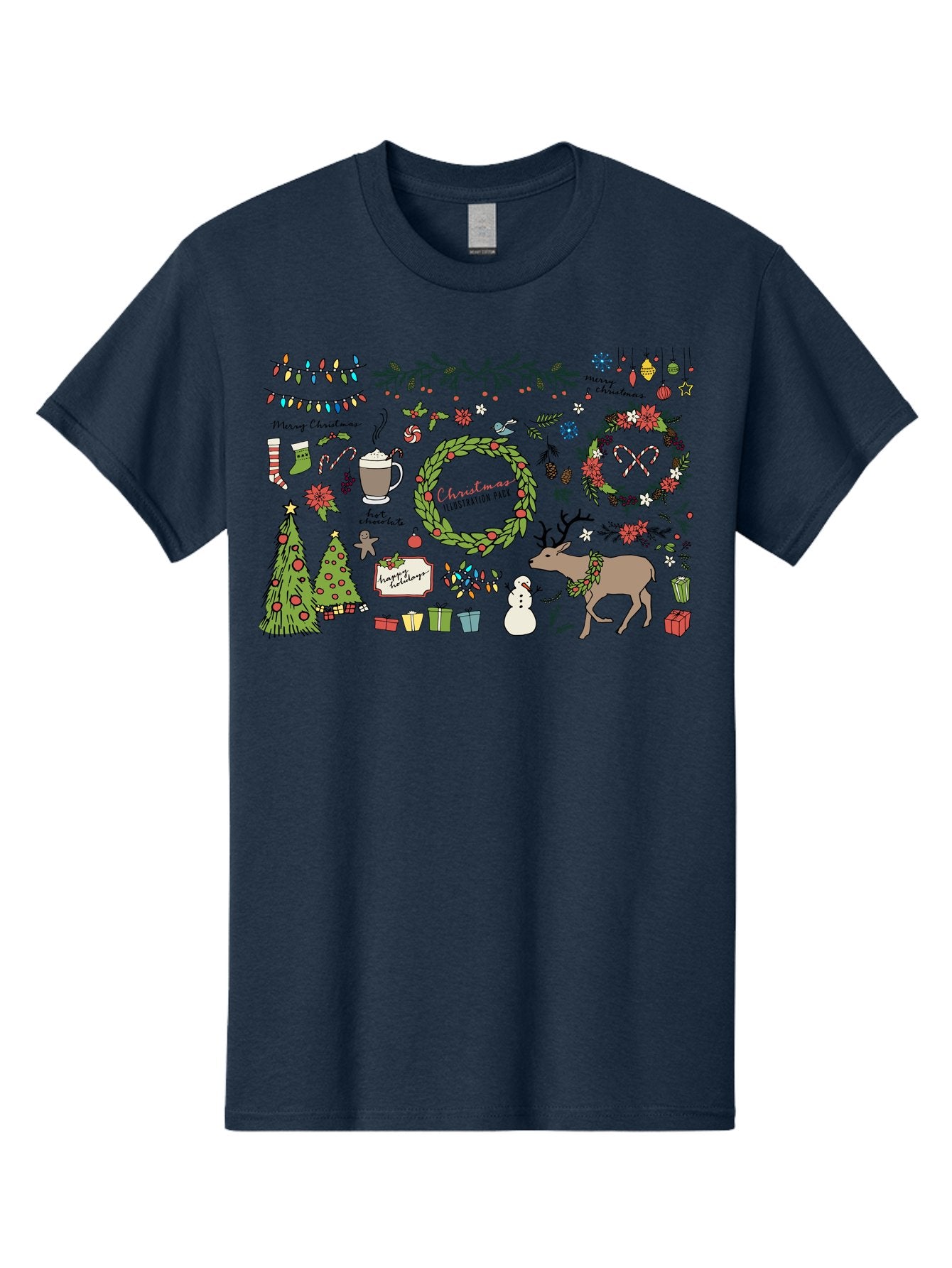 Merry-Christmas-Illustration-Pack Men'S Graphic Tee, 100% Cotton, Comfortable Casual Summer Wear, Machine Washable, Christmas Decoration, Festive Elements, Winter Wonderland, Holiday Illustrations, Christmas Tree, Reindeer, Snowman, -  Aaa989 14