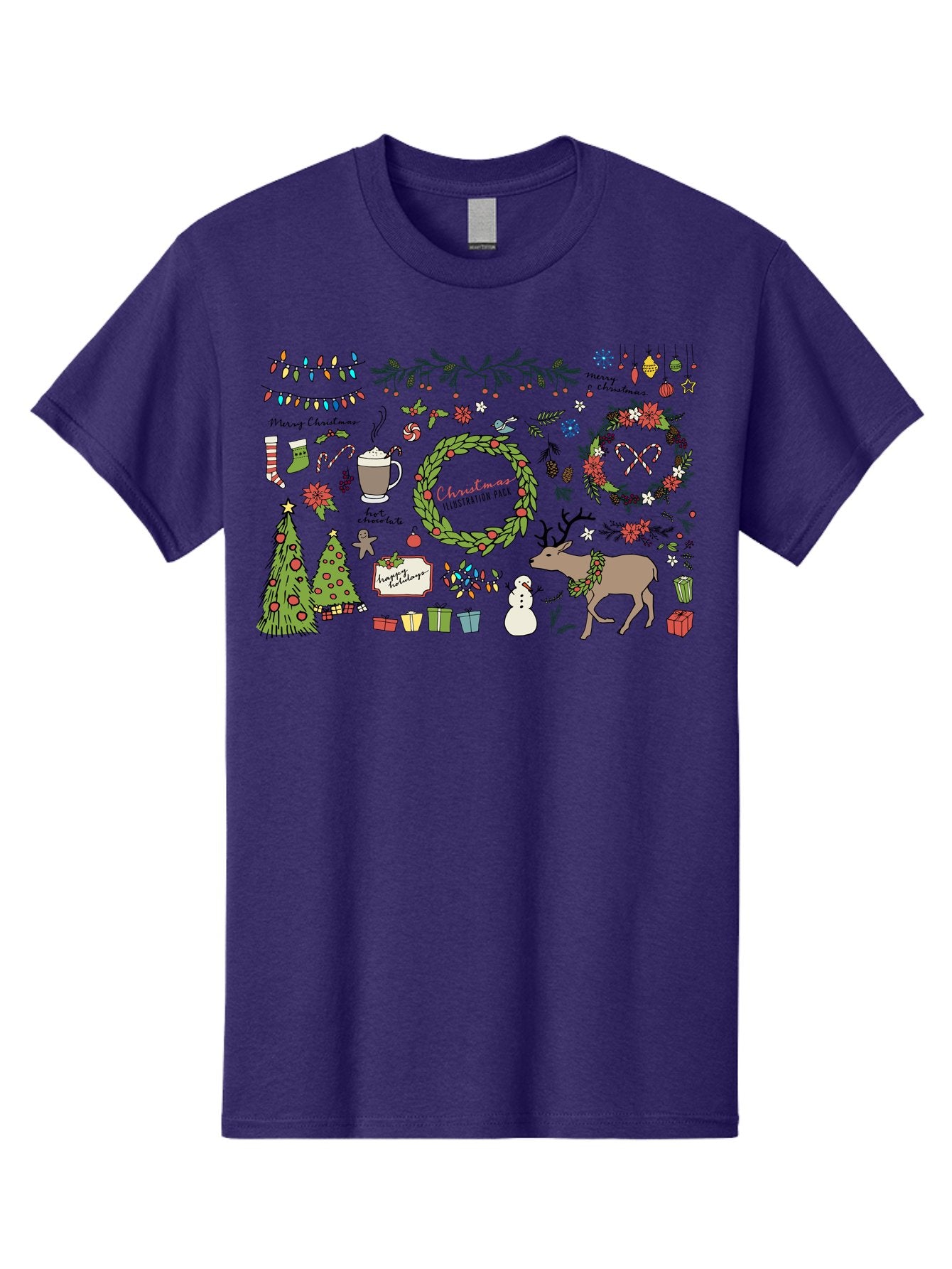 Merry-Christmas-Illustration-Pack Men'S Graphic Tee, 100% Cotton, Comfortable Casual Summer Wear, Machine Washable, Christmas Decoration, Festive Elements, Winter Wonderland, Holiday Illustrations, Christmas Tree, Reindeer, Snowman, -  Aaa989 6