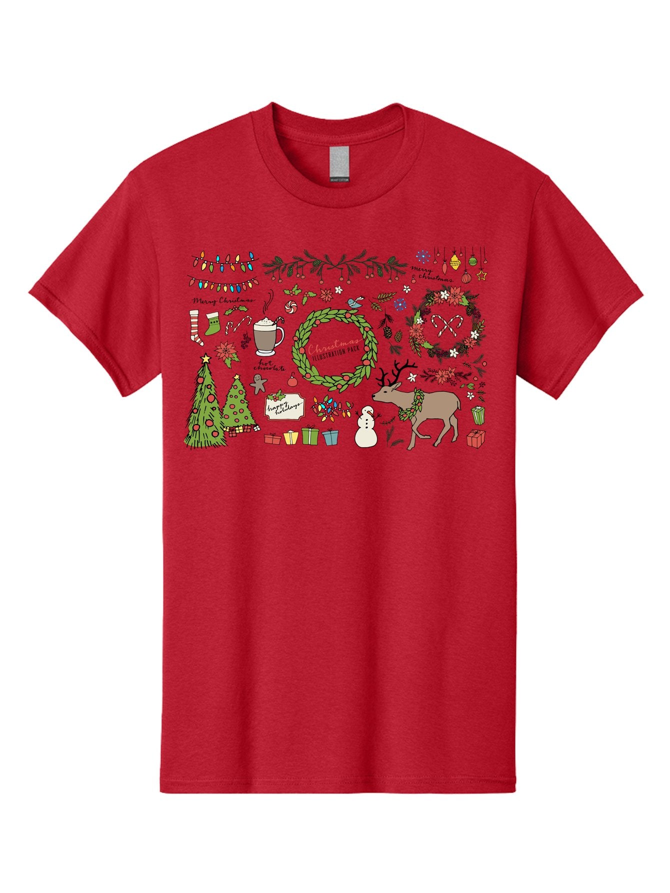 Merry-Christmas-Illustration-Pack Men'S Graphic Tee, 100% Cotton, Comfortable Casual Summer Wear, Machine Washable, Christmas Decoration, Festive Elements, Winter Wonderland, Holiday Illustrations, Christmas Tree, Reindeer, Snowman, -  Aaa989