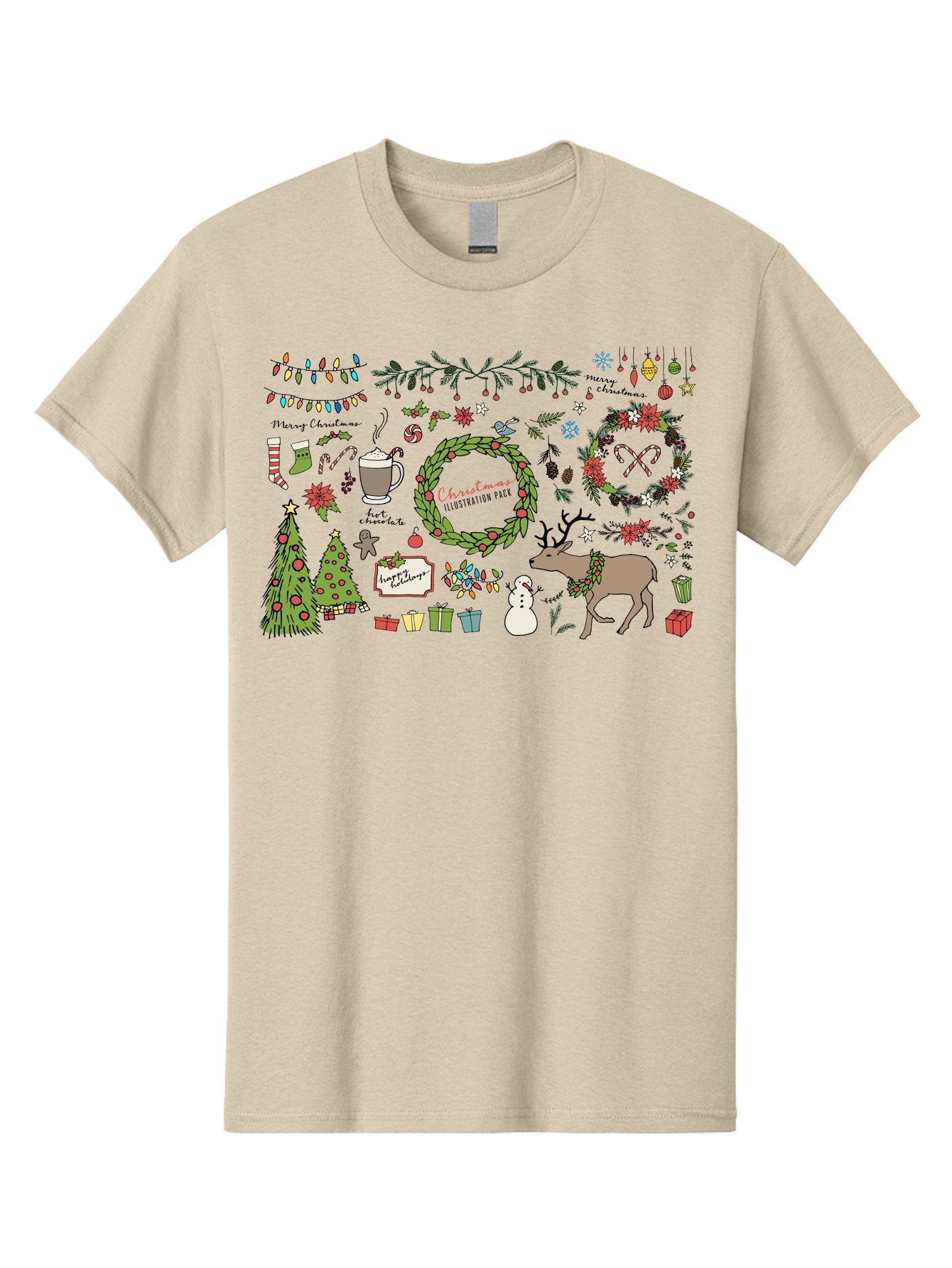Merry-Christmas-Illustration-Pack Men'S Graphic Tee, 100% Cotton, Comfortable Casual Summer Wear, Machine Washable, Christmas Decoration, Festive Elements, Winter Wonderland, Holiday Illustrations, Christmas Tree, Reindeer, Snowman, -  Aaa989