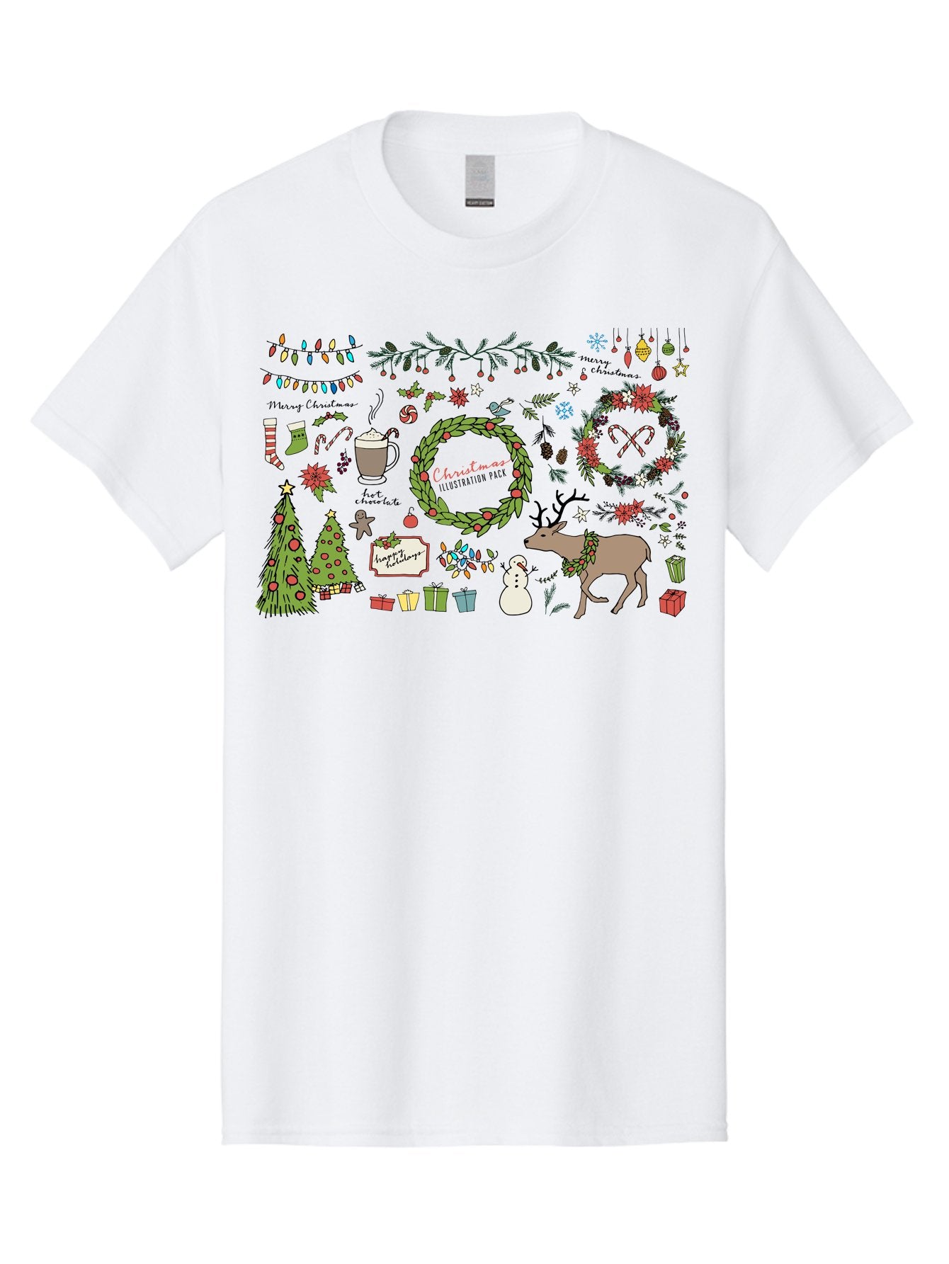 Merry-Christmas-Illustration-Pack Men'S Graphic Tee, 100% Cotton, Comfortable Casual Summer Wear, Machine Washable, Christmas Decoration, Festive Elements, Winter Wonderland, Holiday Illustrations, Christmas Tree, Reindeer, Snowman, -  Aaa989 5