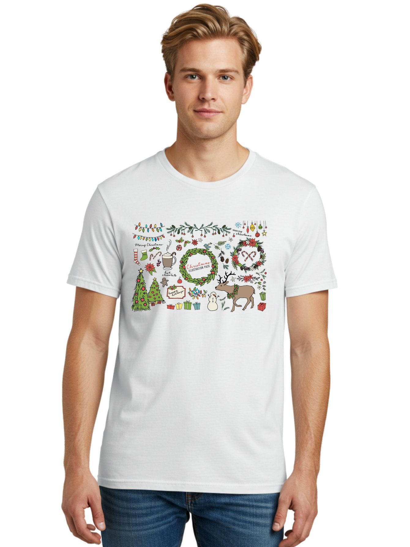 Merry-Christmas-Illustration-Pack Men'S Graphic Tee, 100% Cotton, Comfortable Casual Summer Wear, Machine Washable, Christmas Decoration, Festive Elements, Winter Wonderland, Holiday Illustrations, Christmas Tree, Reindeer, Snowman, -  Aaa989 23