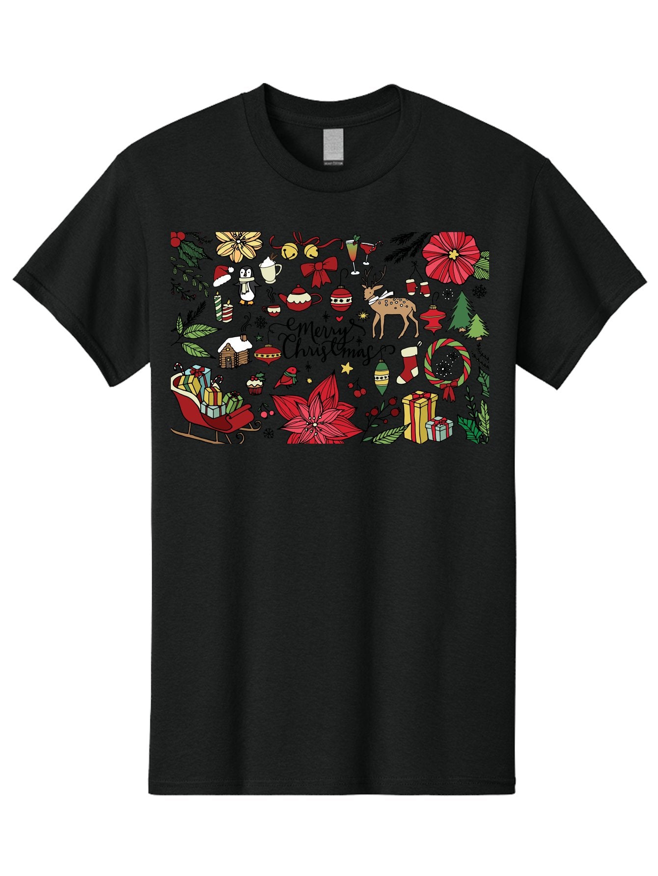 Merry-Christmas Men'S Graphic Tee, 100% Cotton, Comfortable Casual Summer Wear, Machine Washable, Merry Christmas, Holiday Elements, Festive Decorations, Red And Black Illustrations, Christmas Gifts, Sleigh, Reindeer, Poinsettia, -  Aaa990 7
