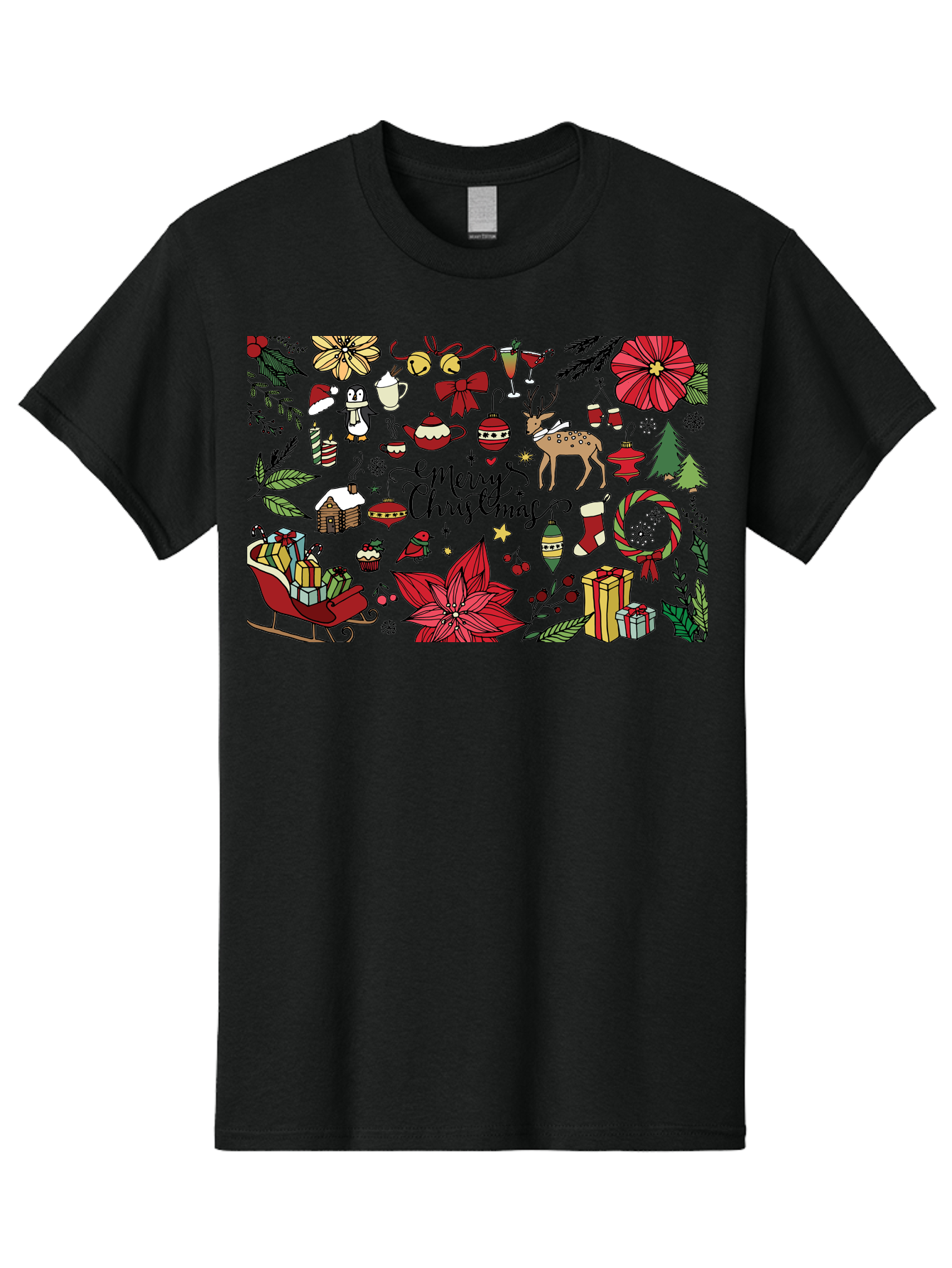 Merry-Christmas Men'S Graphic Tee, 100% Cotton, Comfortable Casual Summer Wear, Machine Washable, Merry Christmas, Holiday Elements, Festive Decorations, Red And Black Illustrations, Christmas Gifts, Sleigh, Reindeer, Poinsettia, -  Aaa990 29