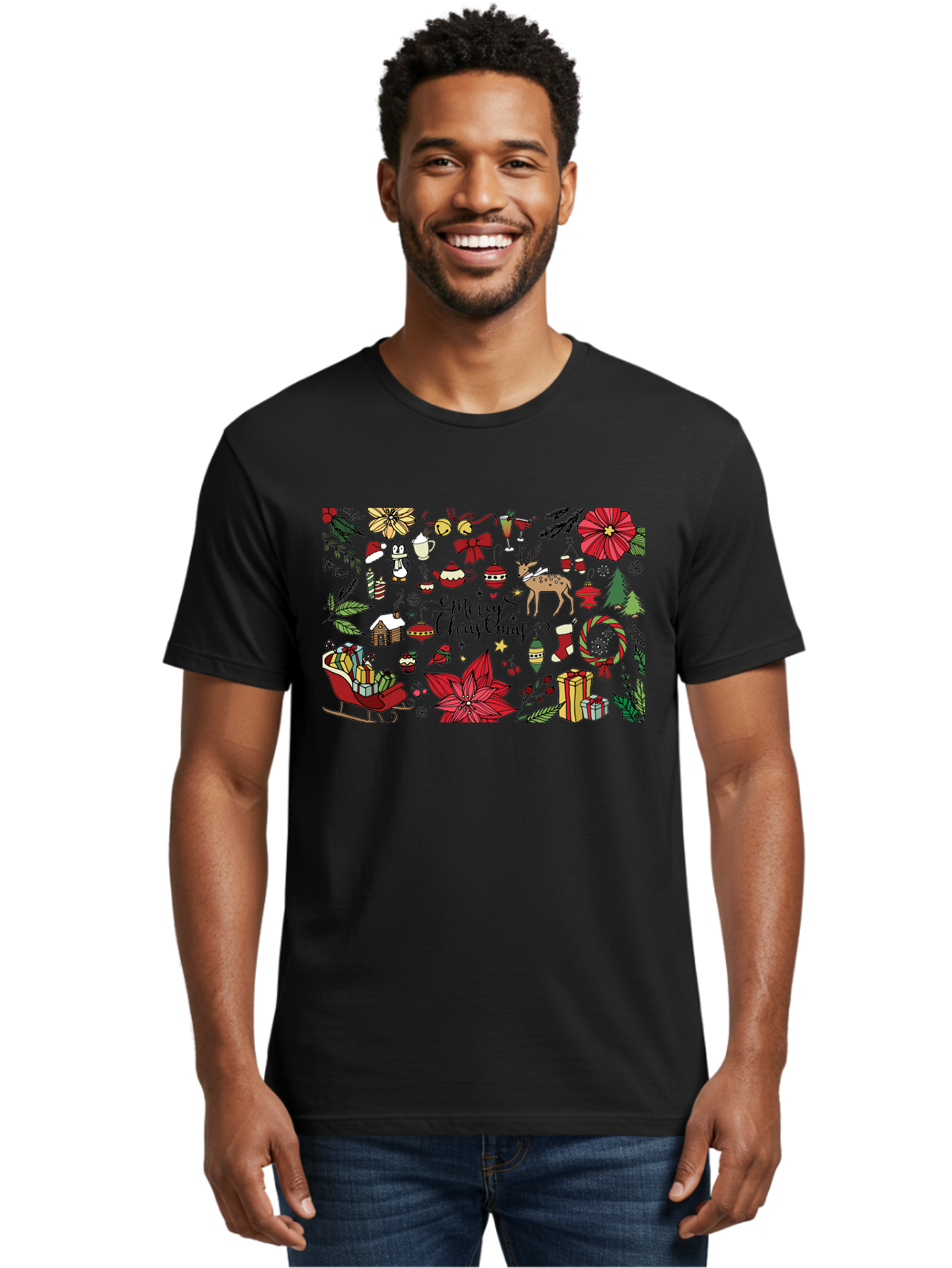 Merry-Christmas Men'S Graphic Tee, 100% Cotton, Comfortable Casual Summer Wear, Machine Washable, Merry Christmas, Holiday Elements, Festive Decorations, Red And Black Illustrations, Christmas Gifts, Sleigh, Reindeer, Poinsettia, -  Aaa990