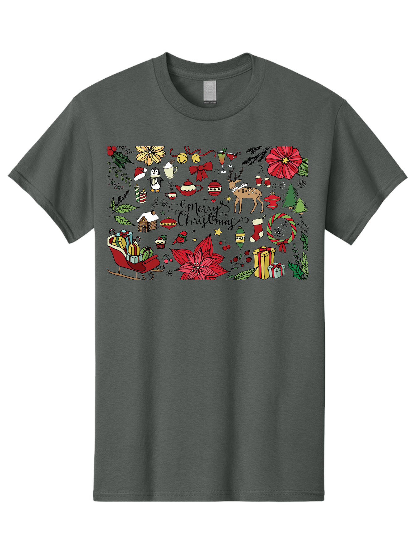 Merry-Christmas Men'S Graphic Tee, 100% Cotton, Comfortable Casual Summer Wear, Machine Washable, Merry Christmas, Holiday Elements, Festive Decorations, Red And Black Illustrations, Christmas Gifts, Sleigh, Reindeer, Poinsettia, -  Aaa990 17