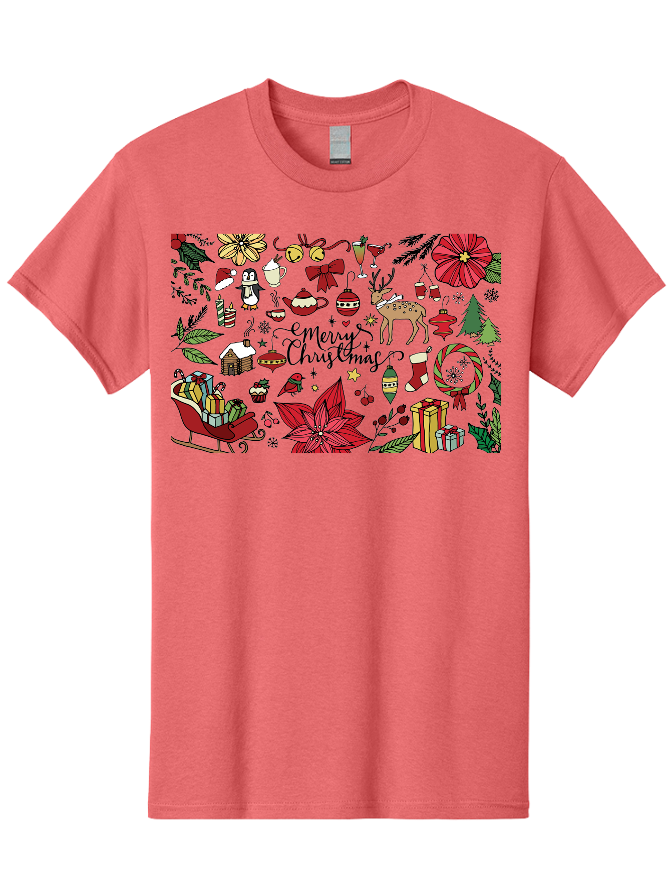 Merry-Christmas Men'S Graphic Tee, 100% Cotton, Comfortable Casual Summer Wear, Machine Washable, Merry Christmas, Holiday Elements, Festive Decorations, Red And Black Illustrations, Christmas Gifts, Sleigh, Reindeer, Poinsettia, -  Aaa990 11