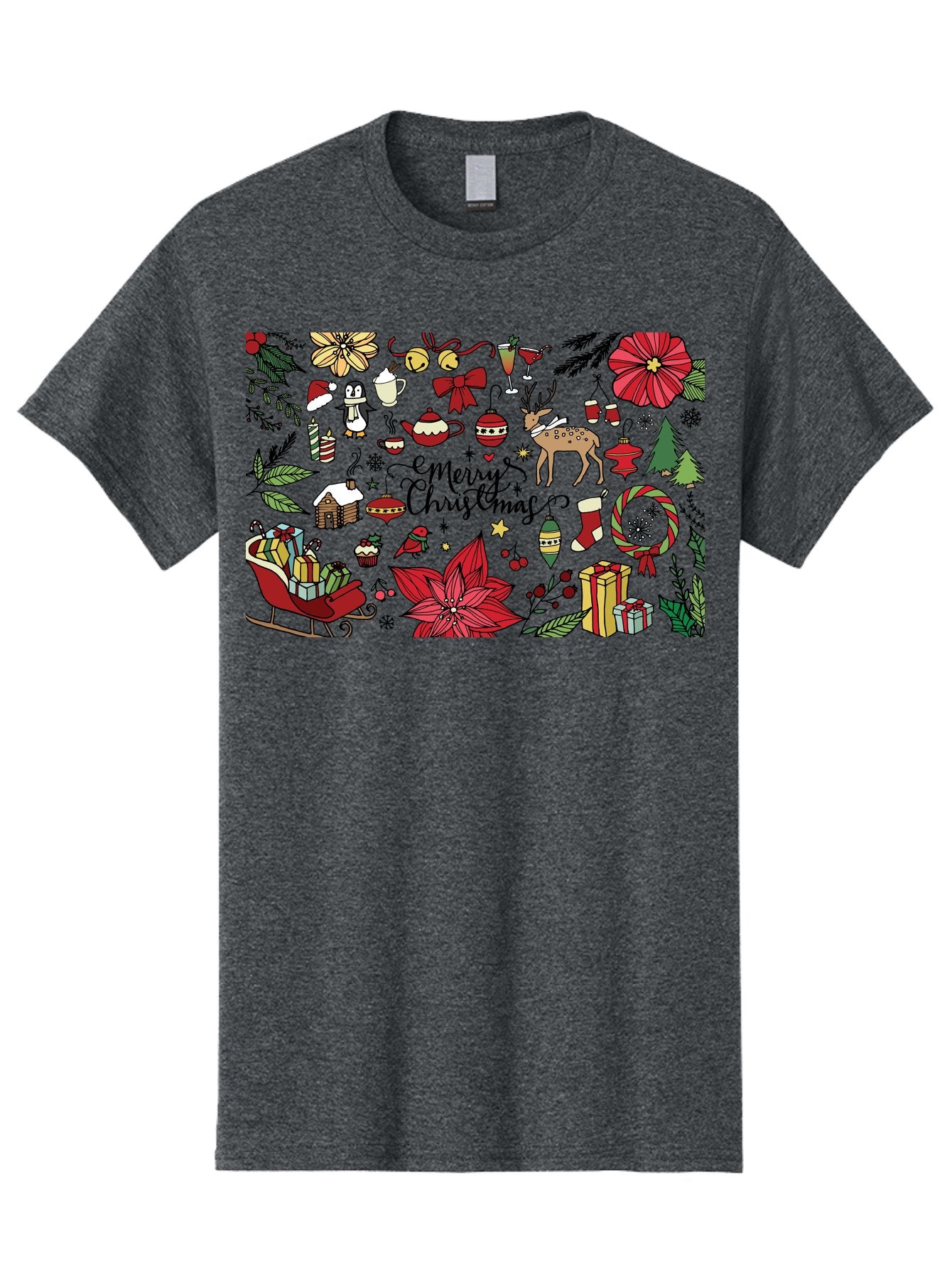 Merry-Christmas Men'S Graphic Tee, 100% Cotton, Comfortable Casual Summer Wear, Machine Washable, Merry Christmas, Holiday Elements, Festive Decorations, Red And Black Illustrations, Christmas Gifts, Sleigh, Reindeer, Poinsettia, -  Aaa990