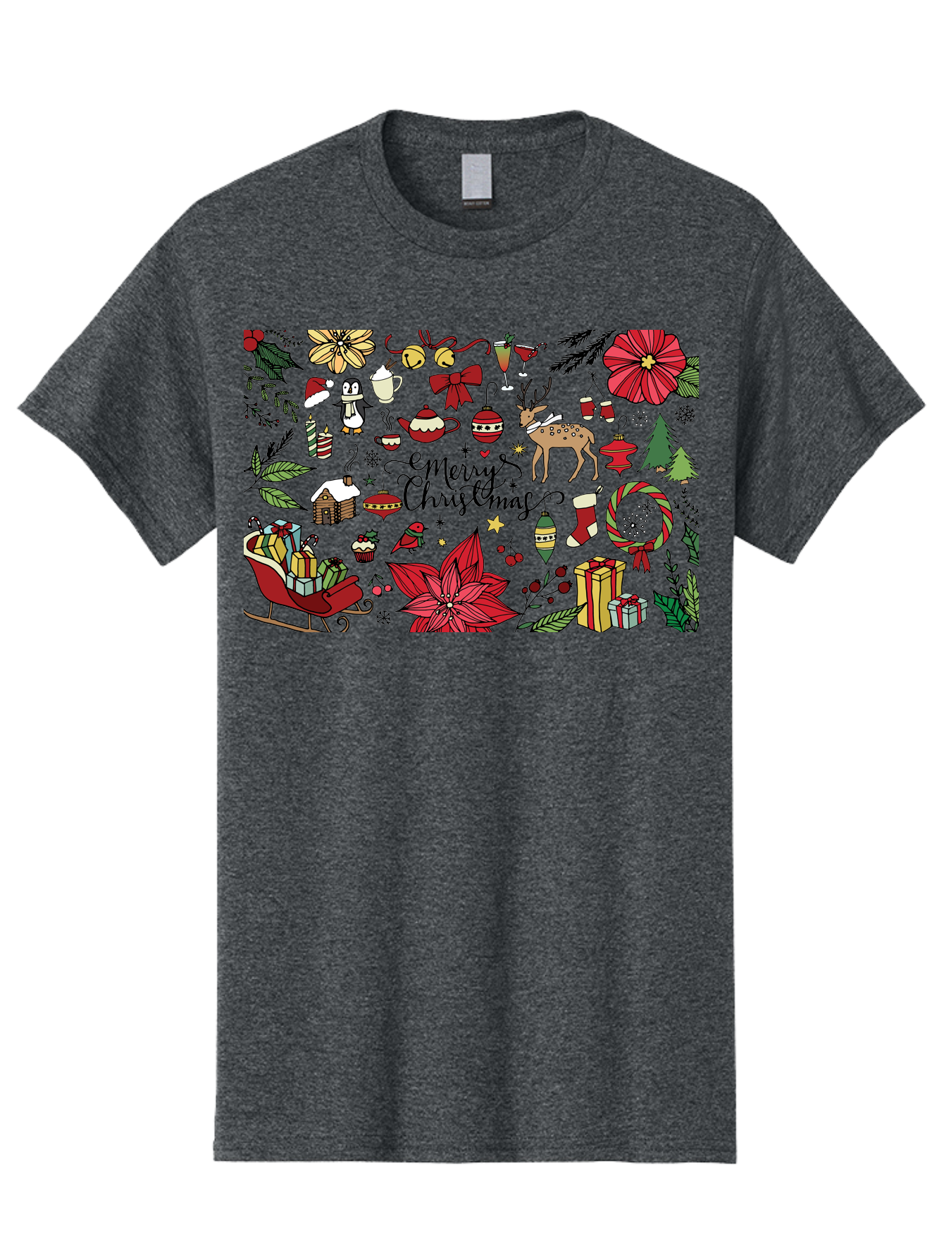 Merry-Christmas Men'S Graphic Tee, 100% Cotton, Comfortable Casual Summer Wear, Machine Washable, Merry Christmas, Holiday Elements, Festive Decorations, Red And Black Illustrations, Christmas Gifts, Sleigh, Reindeer, Poinsettia, -  Aaa990 13