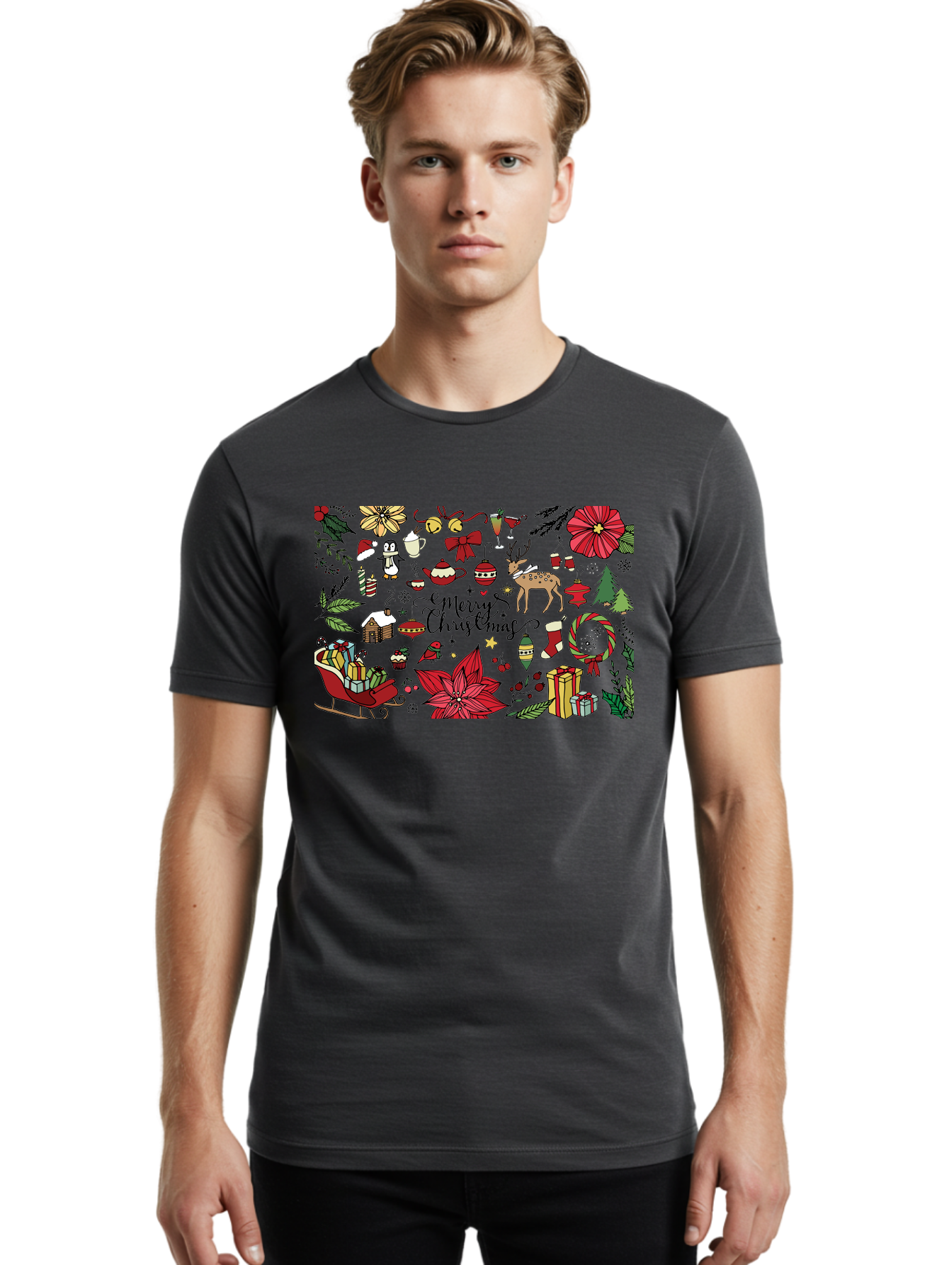Merry-Christmas Men'S Graphic Tee, 100% Cotton, Comfortable Casual Summer Wear, Machine Washable, Merry Christmas, Holiday Elements, Festive Decorations, Red And Black Illustrations, Christmas Gifts, Sleigh, Reindeer, Poinsettia, -  Aaa990 14