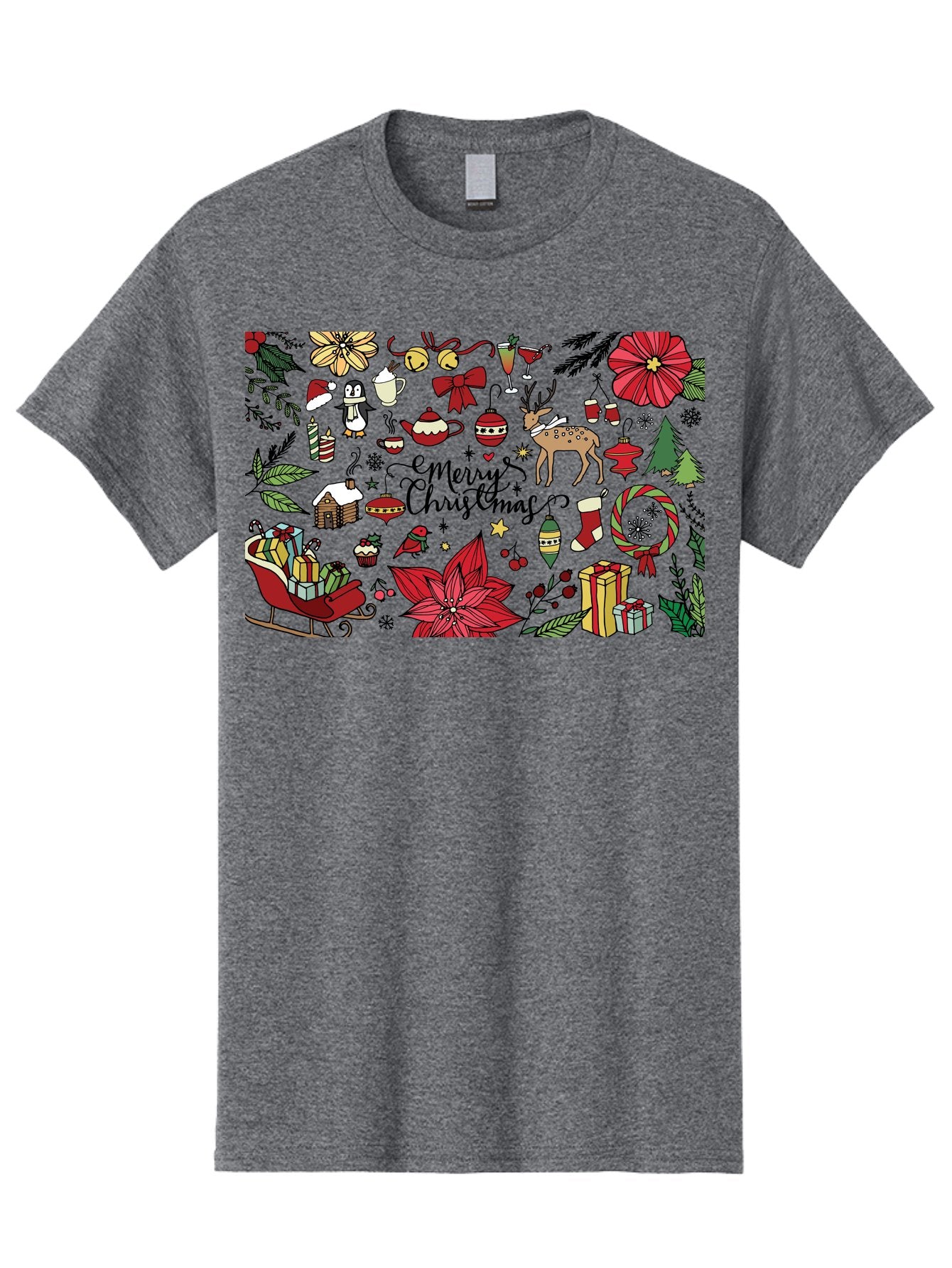 Merry-Christmas Men'S Graphic Tee, 100% Cotton, Comfortable Casual Summer Wear, Machine Washable, Merry Christmas, Holiday Elements, Festive Decorations, Red And Black Illustrations, Christmas Gifts, Sleigh, Reindeer, Poinsettia, -  Aaa990 13